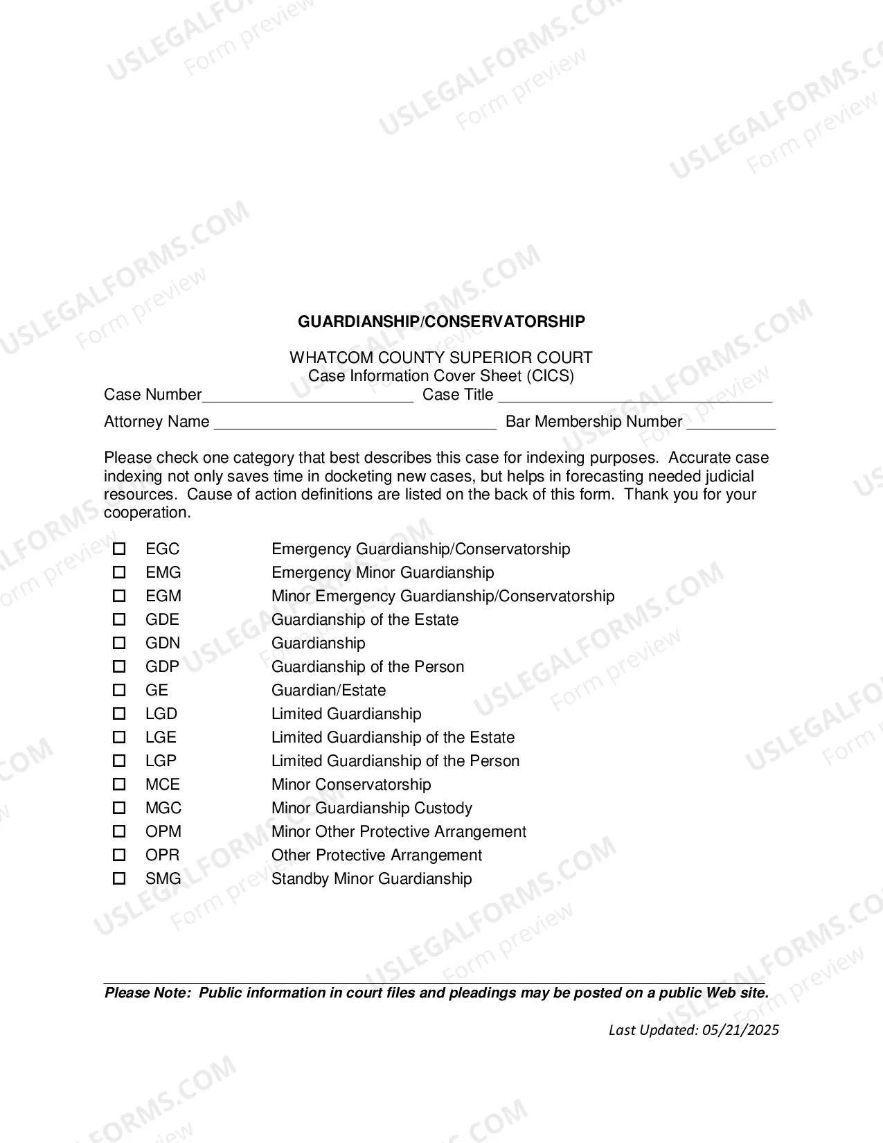 Preview Case Type Cover Sheet