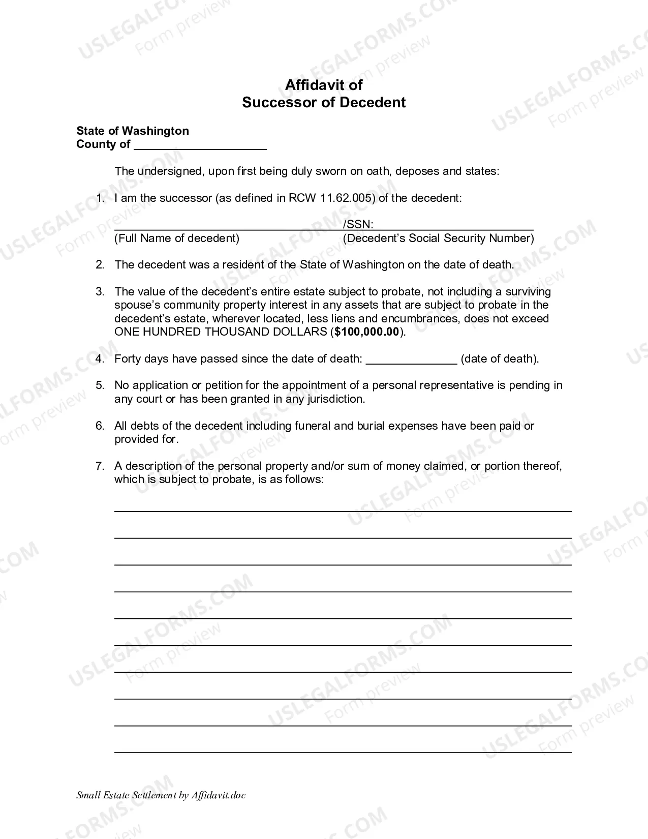 Preview Small Estate by Settlement Affidavit