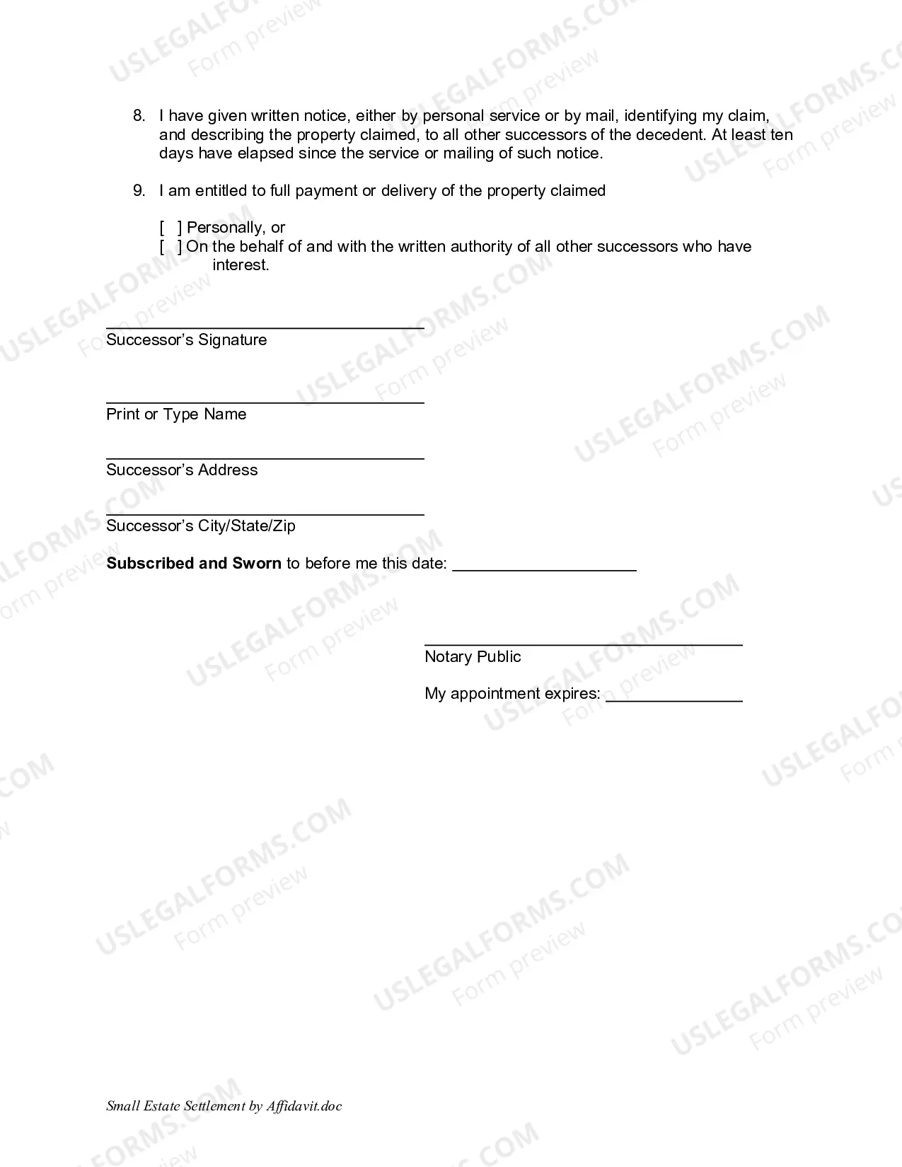Preview Small Estate by Settlement Affidavit