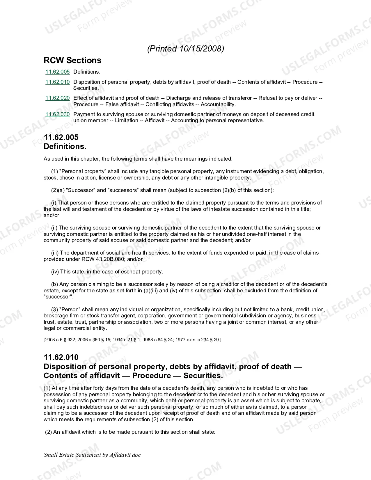 Preview Small Estate by Settlement Affidavit