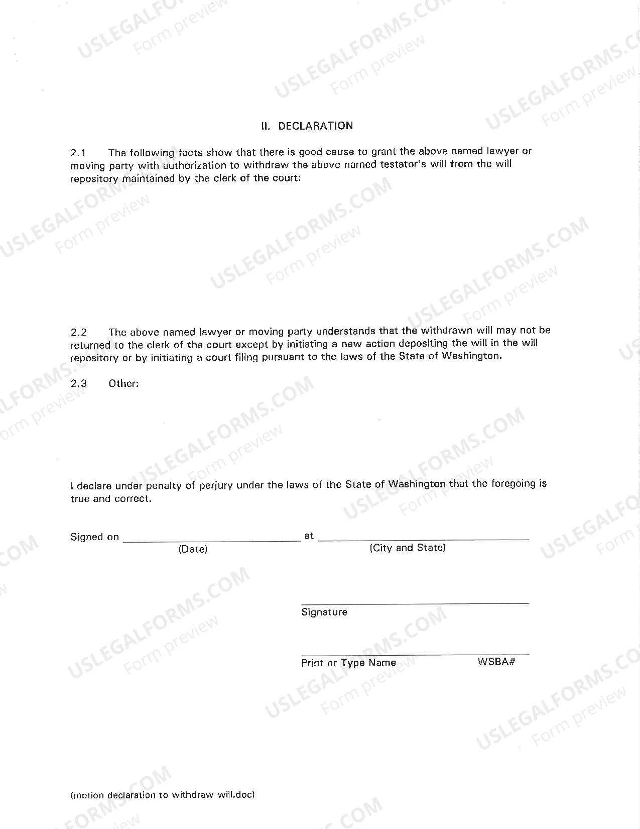 Preview Motion/Declaration to Withdraw Will from Will Repository