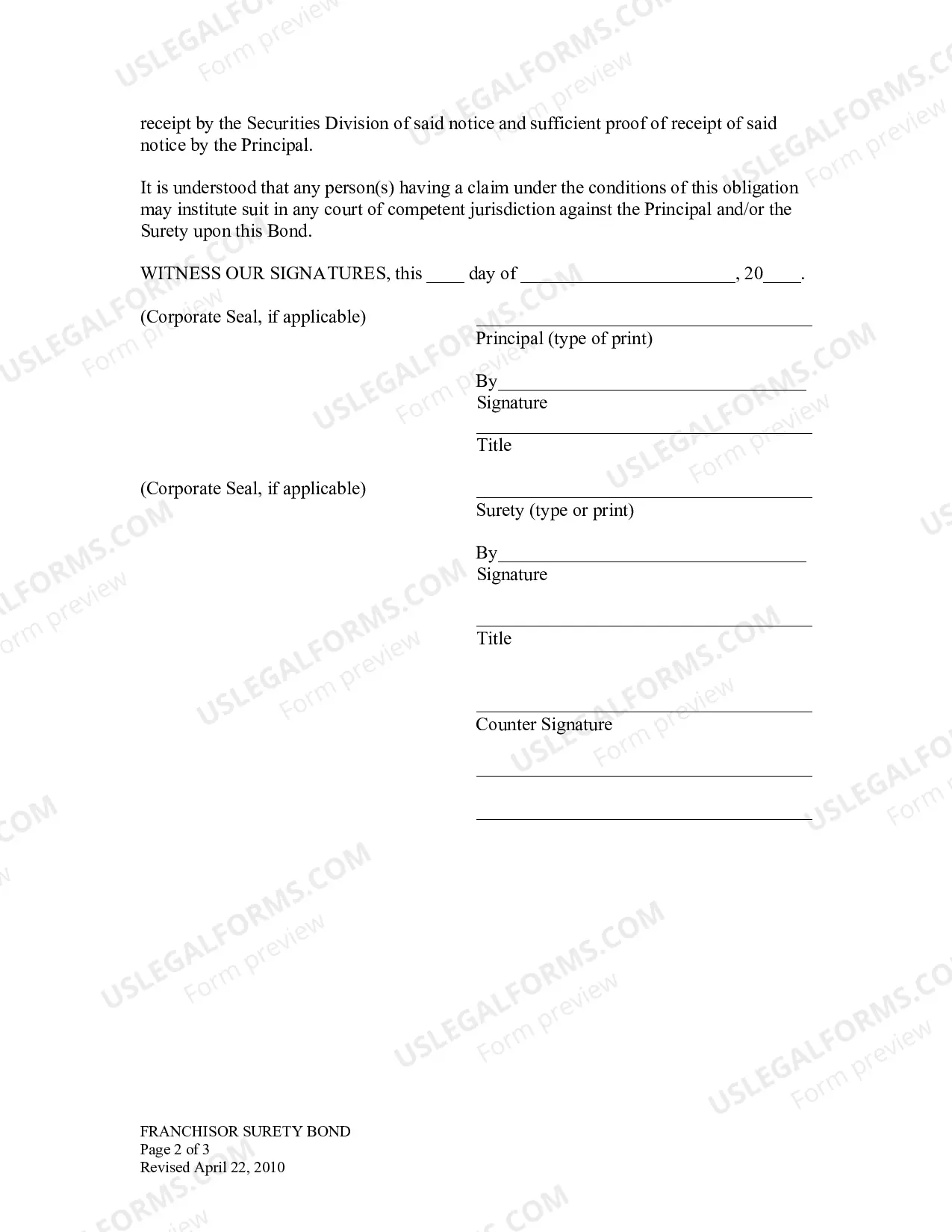 Preview Franchisor Surety Bond