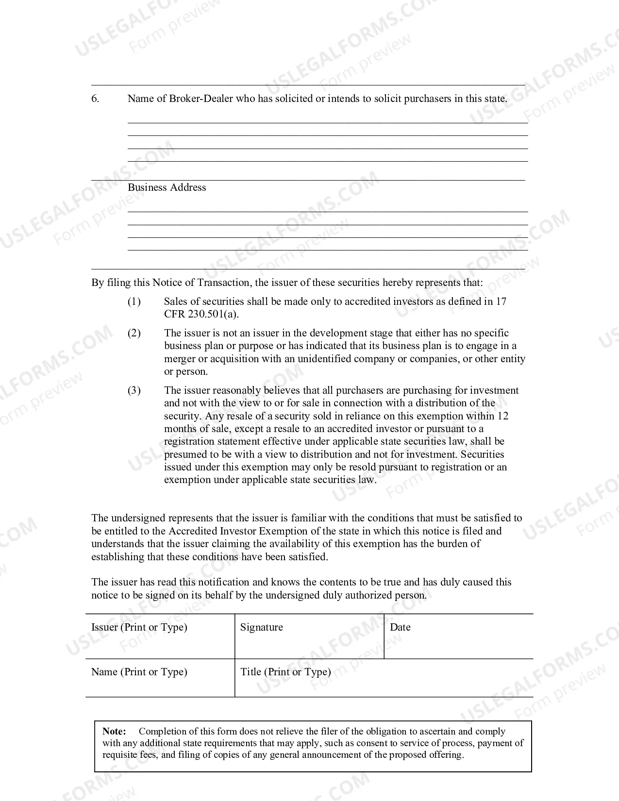 Preview Model Accredited Investor Exemption Uniform Notice of Transaction