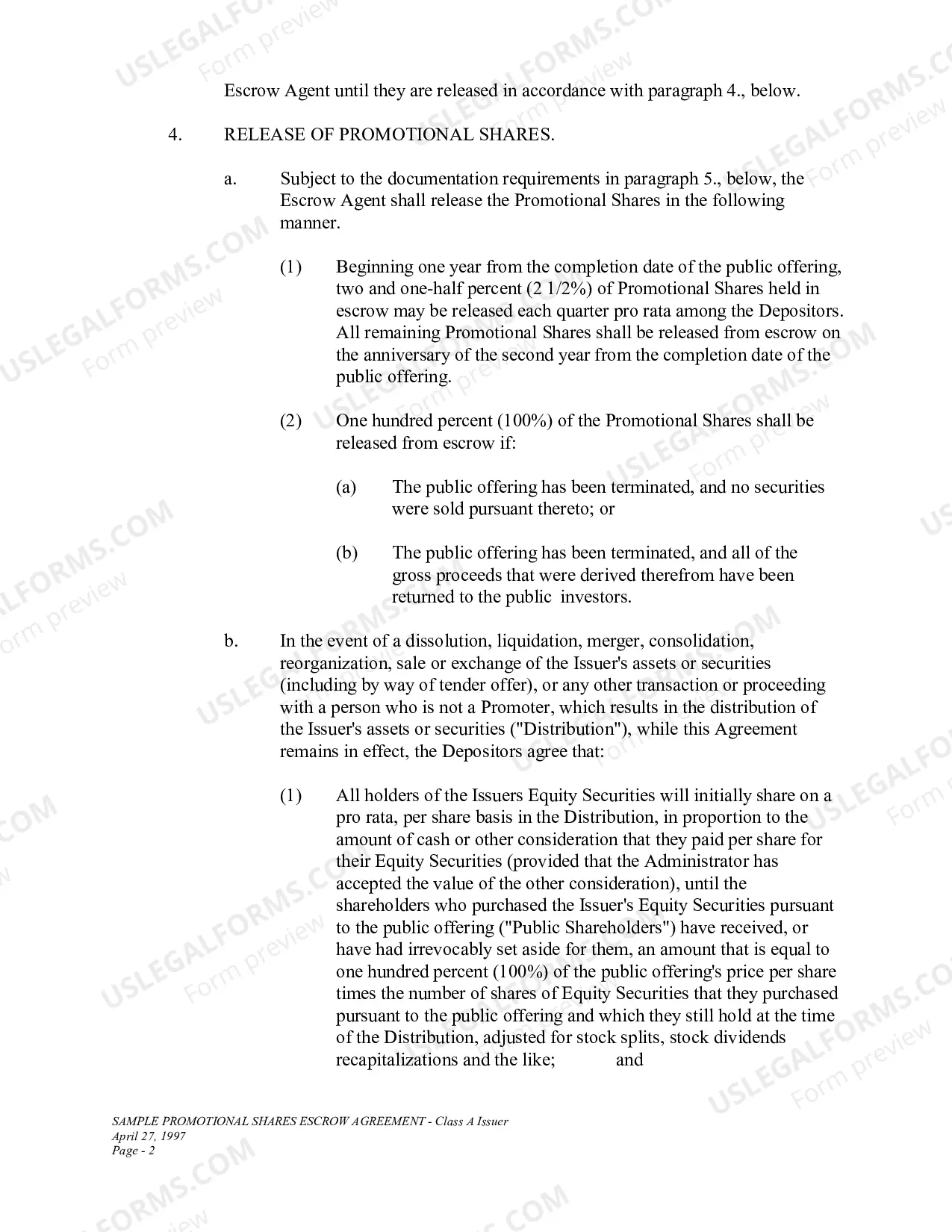Preview Sample Promotional Shares Escrow Agreement-Class A Issuer
