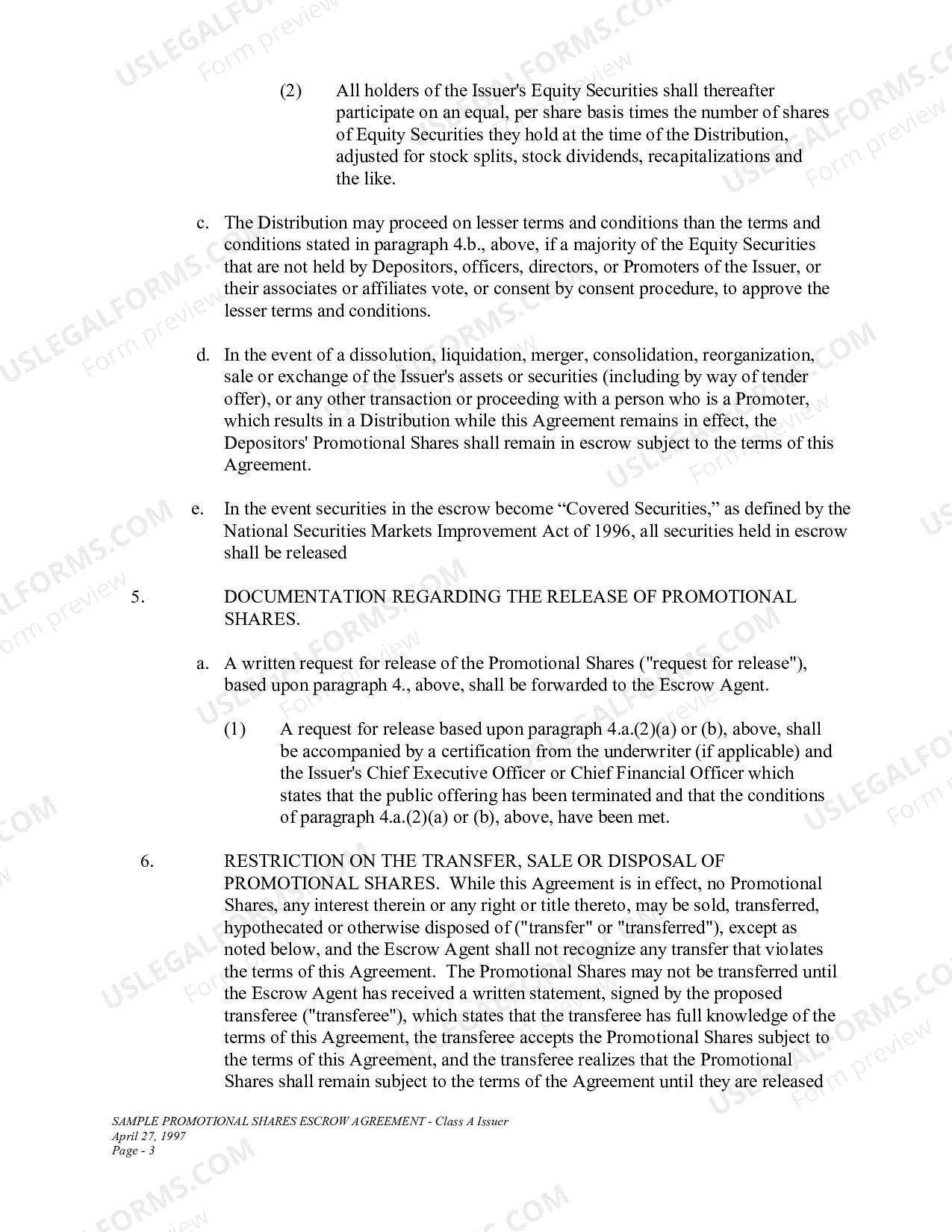 Preview Sample Promotional Shares Escrow Agreement-Class A Issuer
