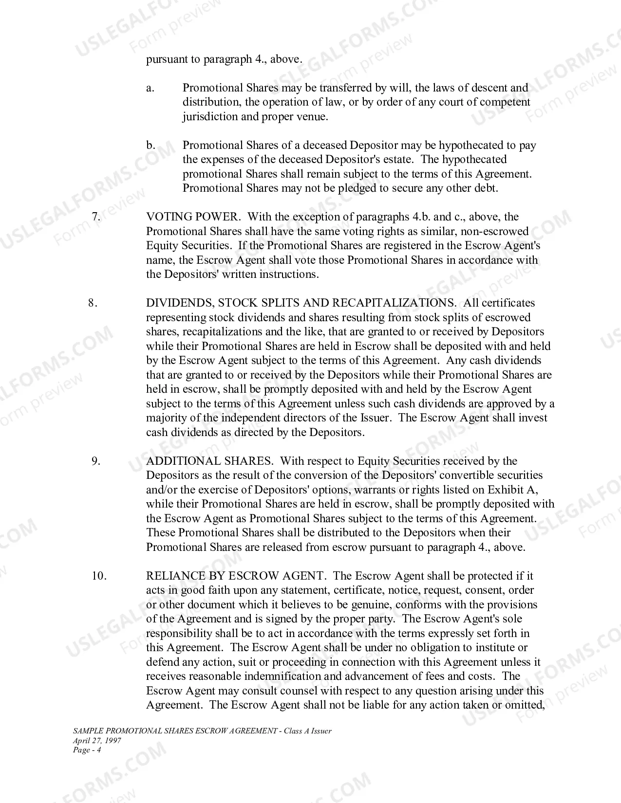 Preview Sample Promotional Shares Escrow Agreement-Class A Issuer