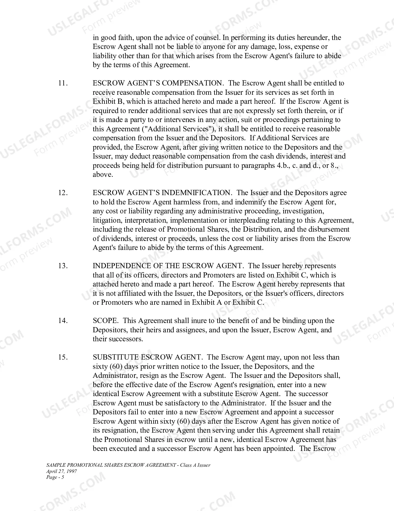 Preview Sample Promotional Shares Escrow Agreement-Class A Issuer