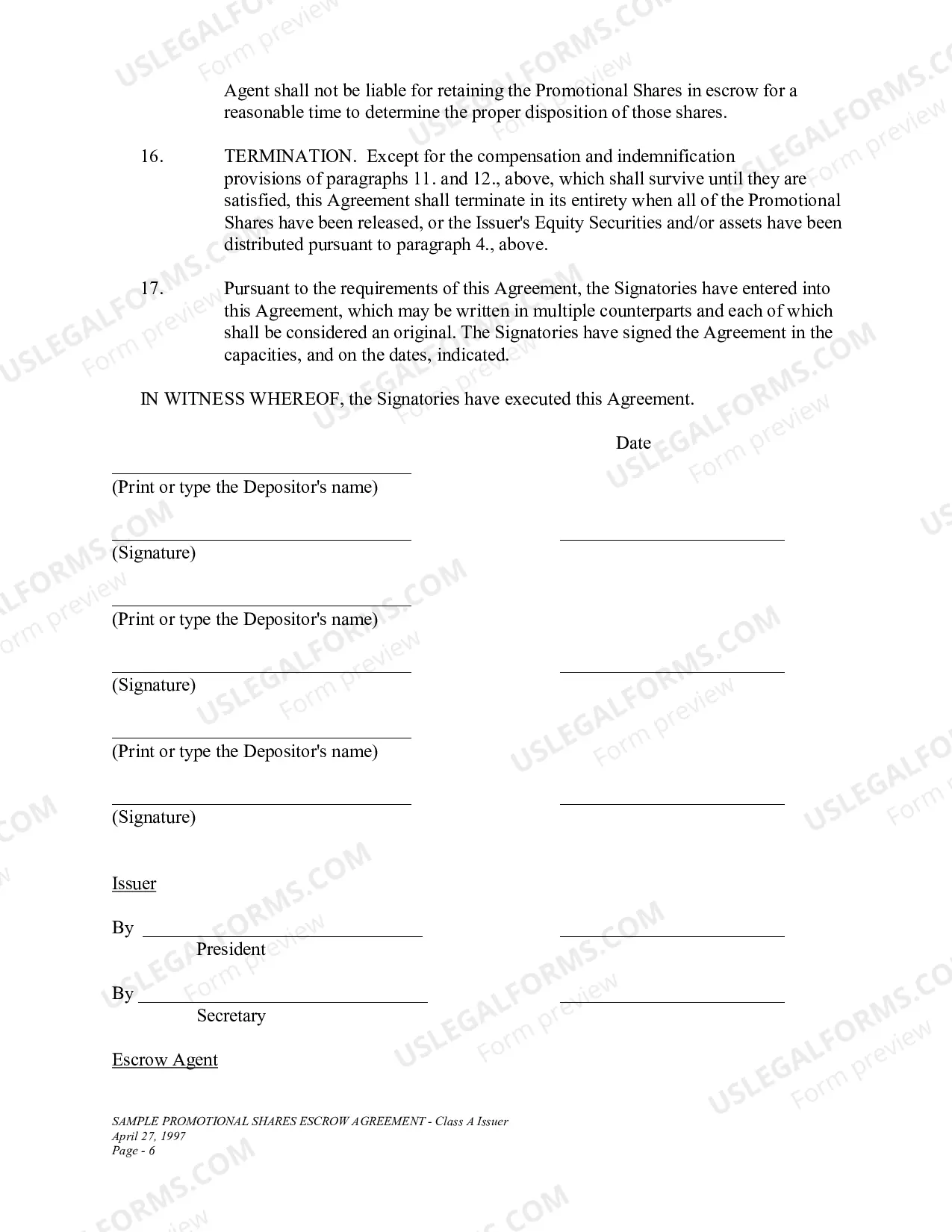 Preview Sample Promotional Shares Escrow Agreement-Class A Issuer