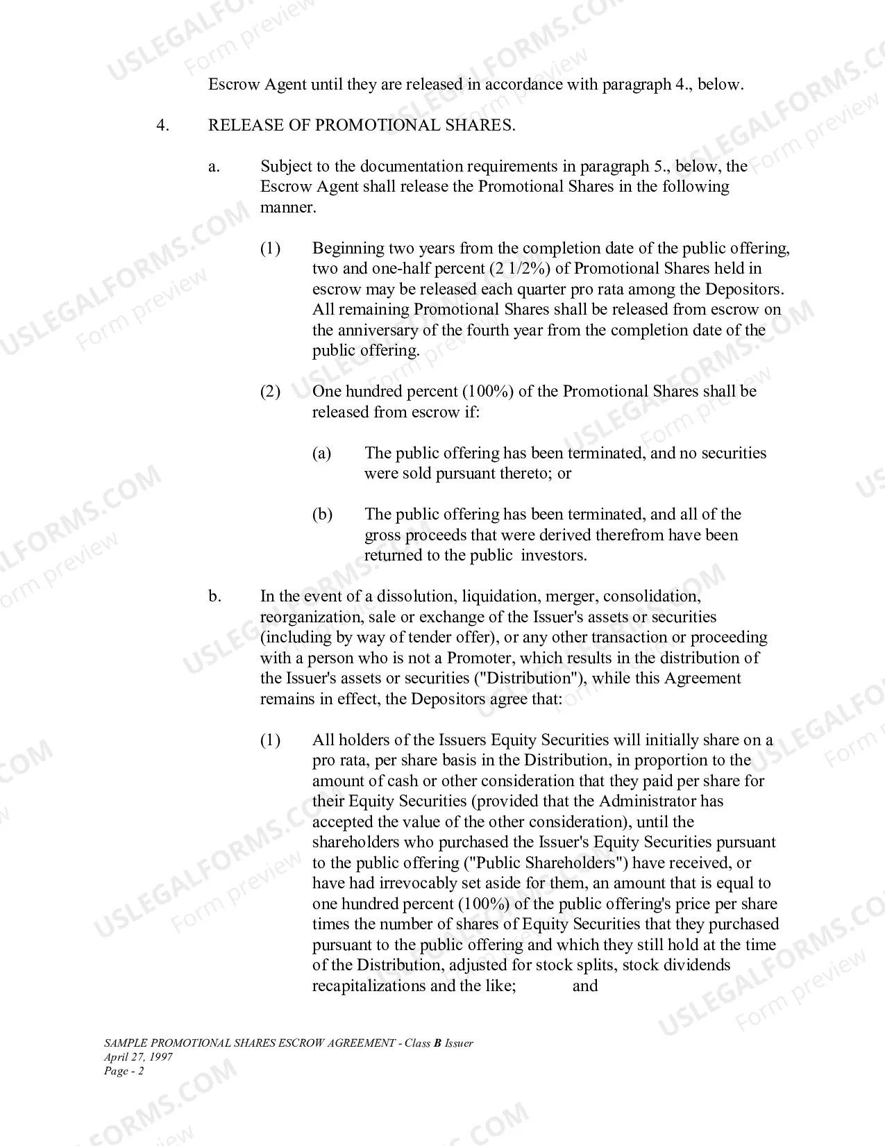 Preview Sample Promotional Shares Escrow Agreement-Class B Issuer