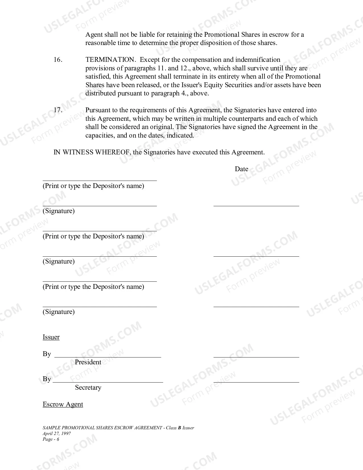 Preview Sample Promotional Shares Escrow Agreement-Class B Issuer