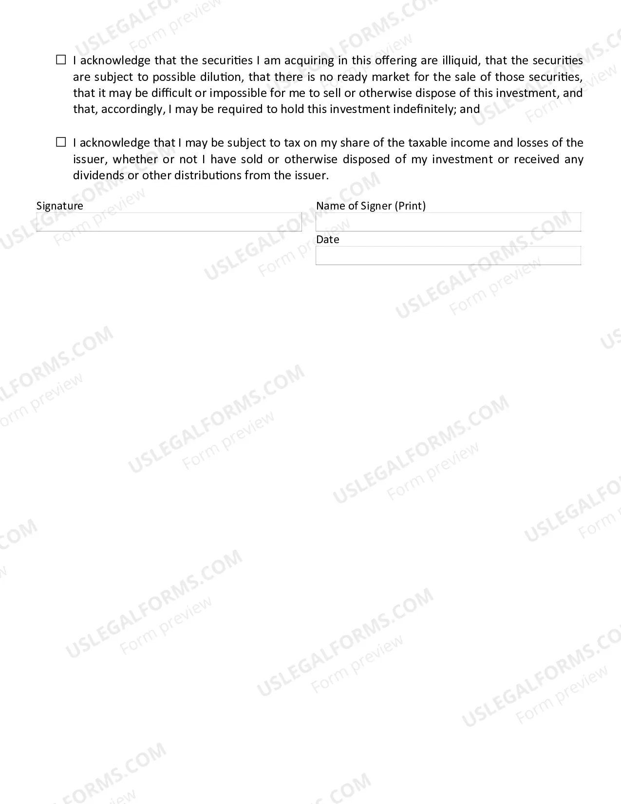 Preview Investor Certifications and Acknowledgements