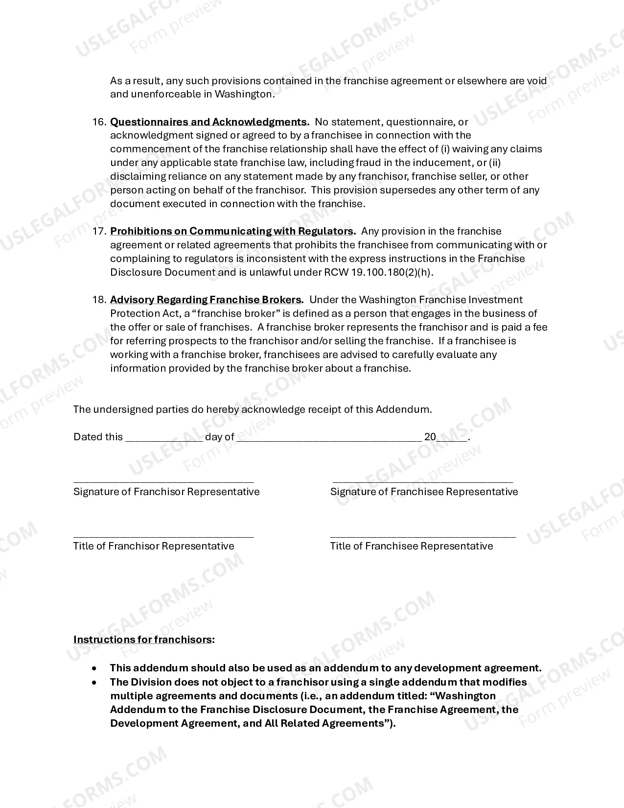 Preview Sample Washington Franchise Agreement Addendum