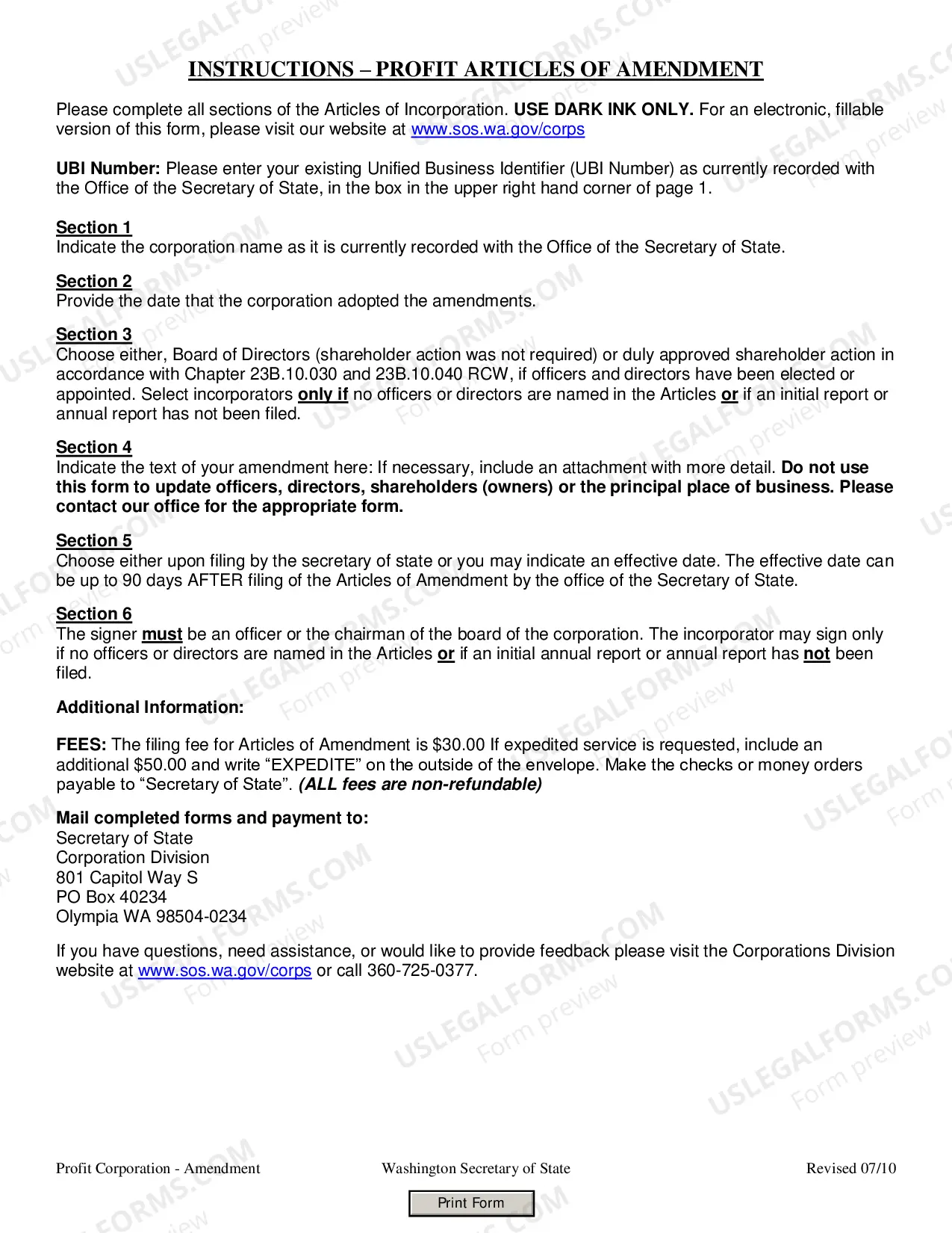 Preview Articles of Amendment Washington Profit Corporation