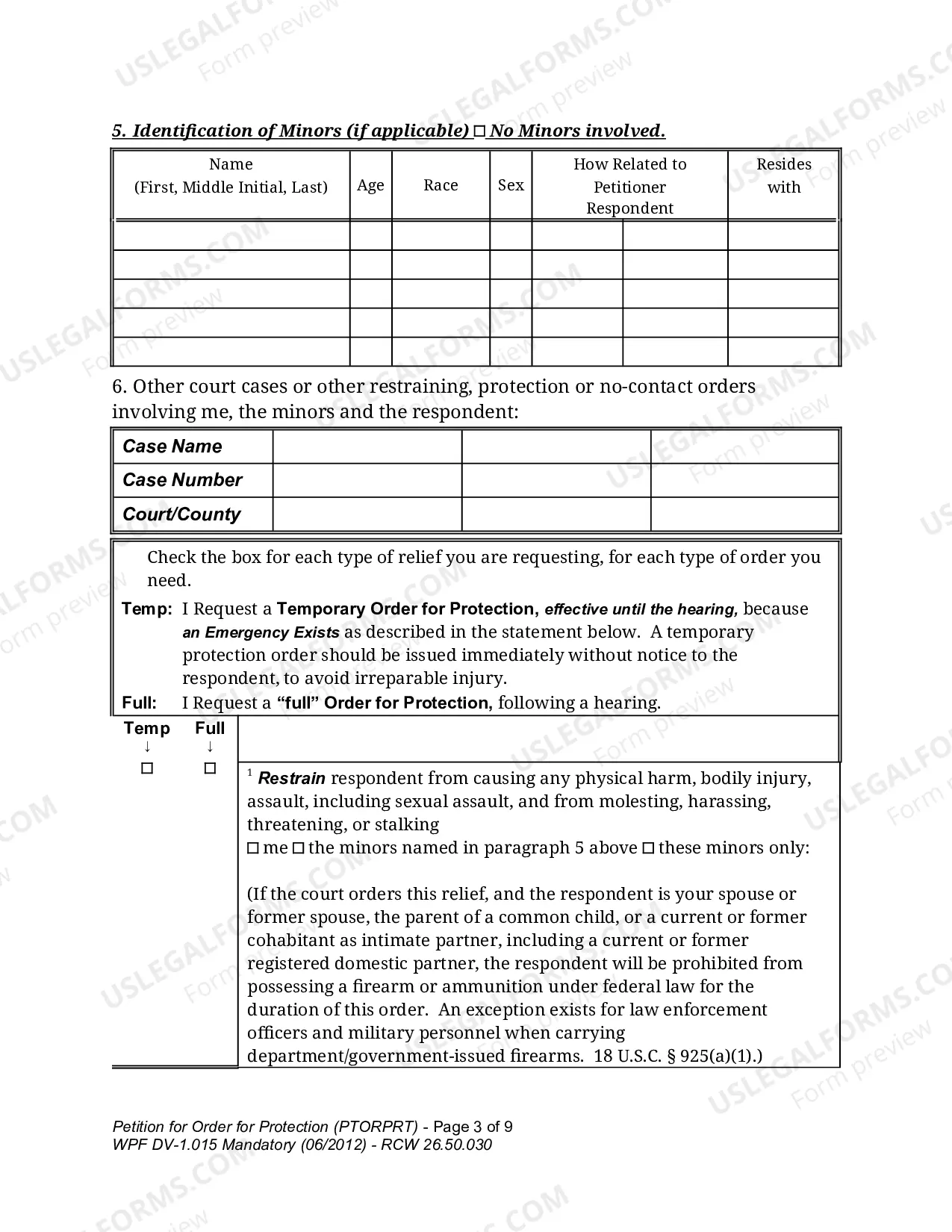 Preview Petition For Order For Protection - Respondent Under Age 18