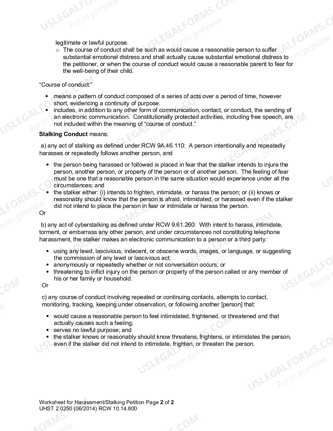 Preview Worksheet for Harassment and/or Stalking Petition