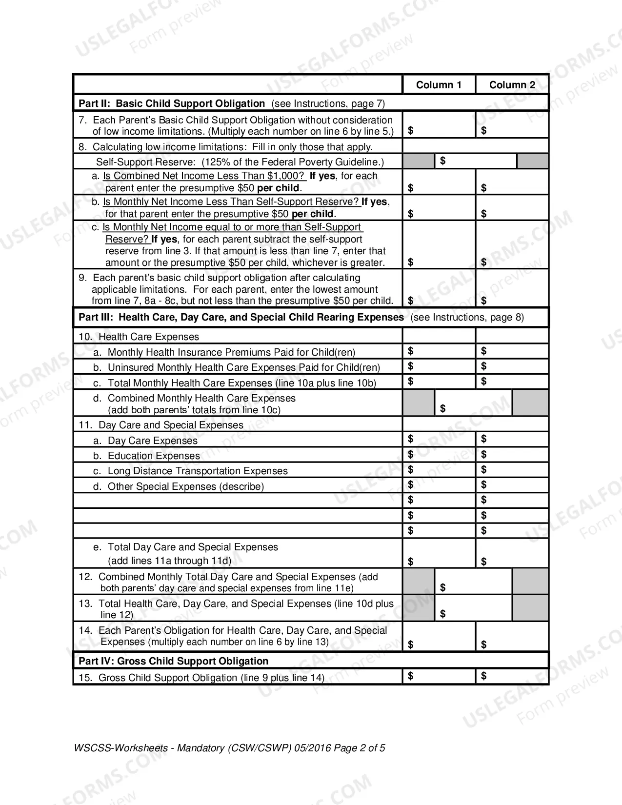 Preview Child Support Schedule Worksheet