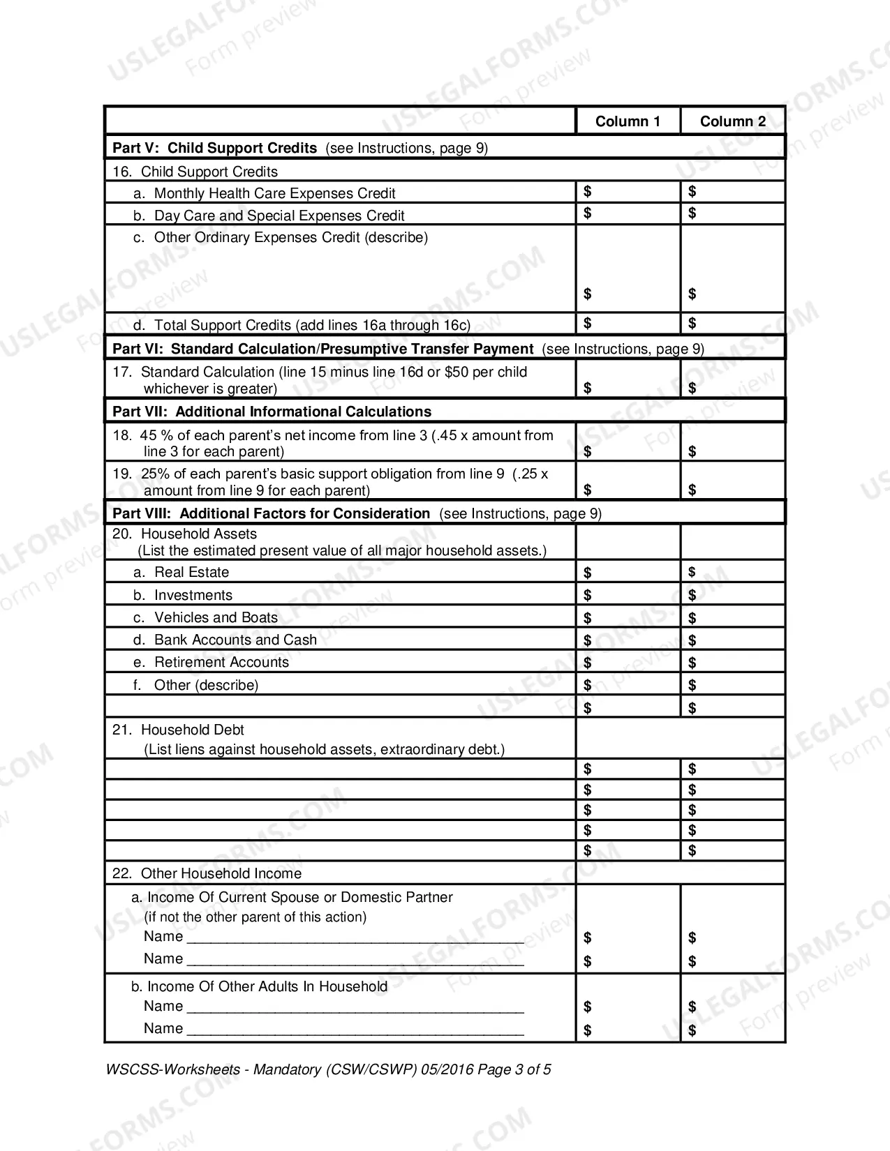 Preview Child Support Schedule Worksheet