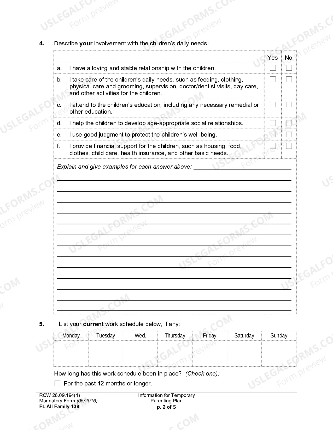 Preview Information For Temporary Parenting Plan