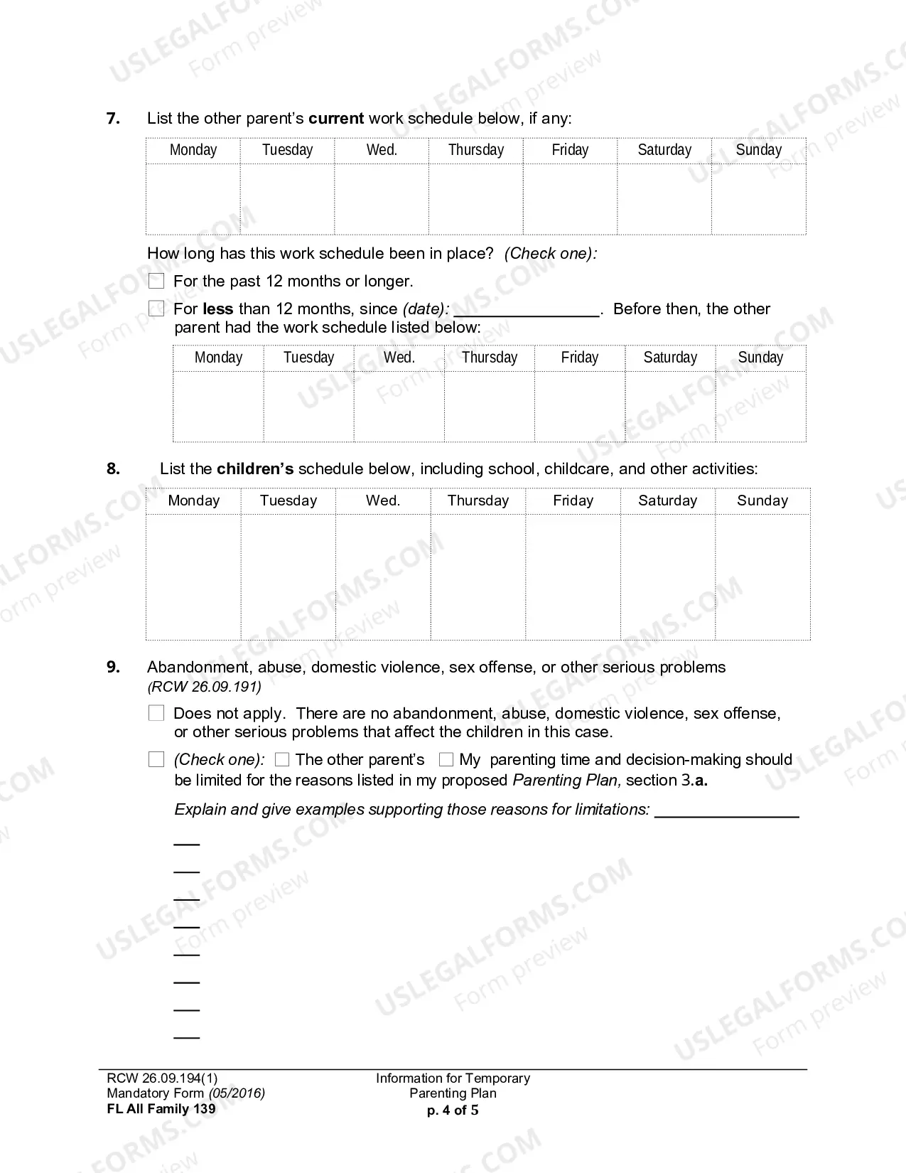 Preview Information For Temporary Parenting Plan