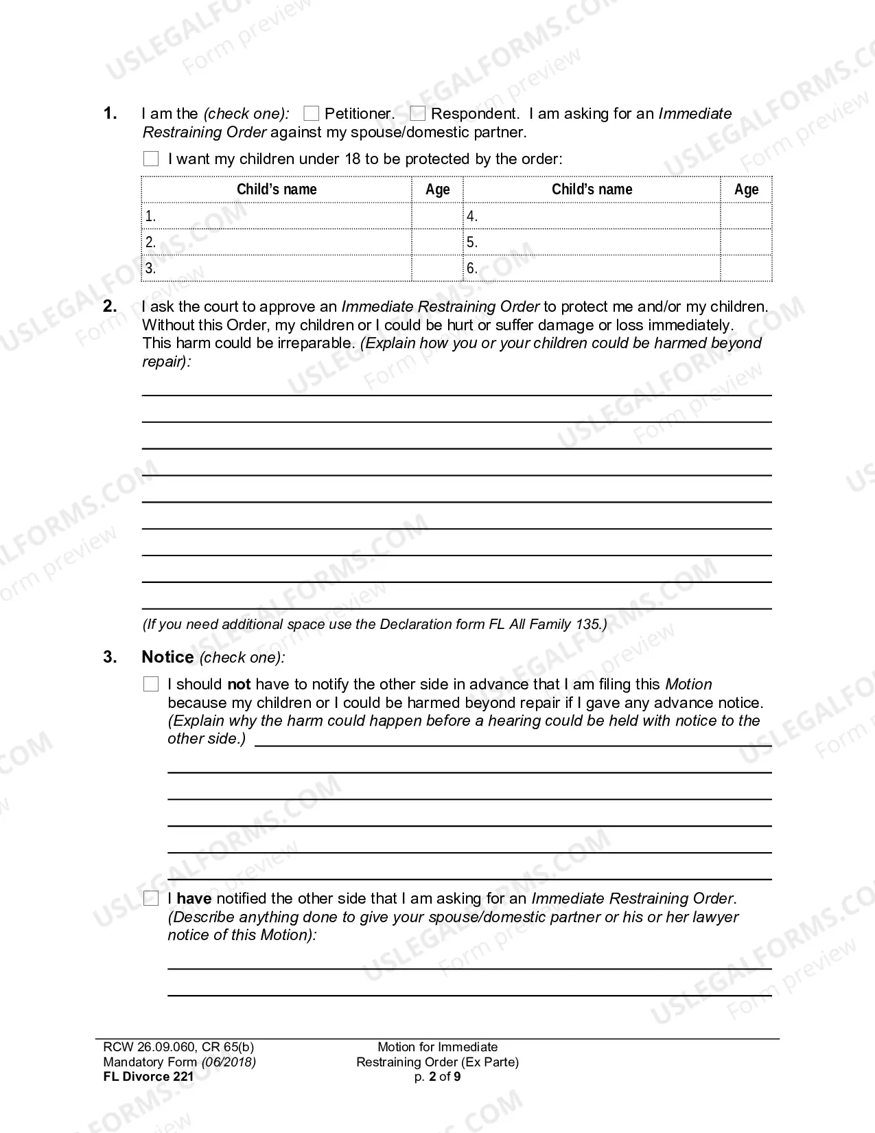 Preview Motion For Immediate Restraining Order (Ex Parte)
