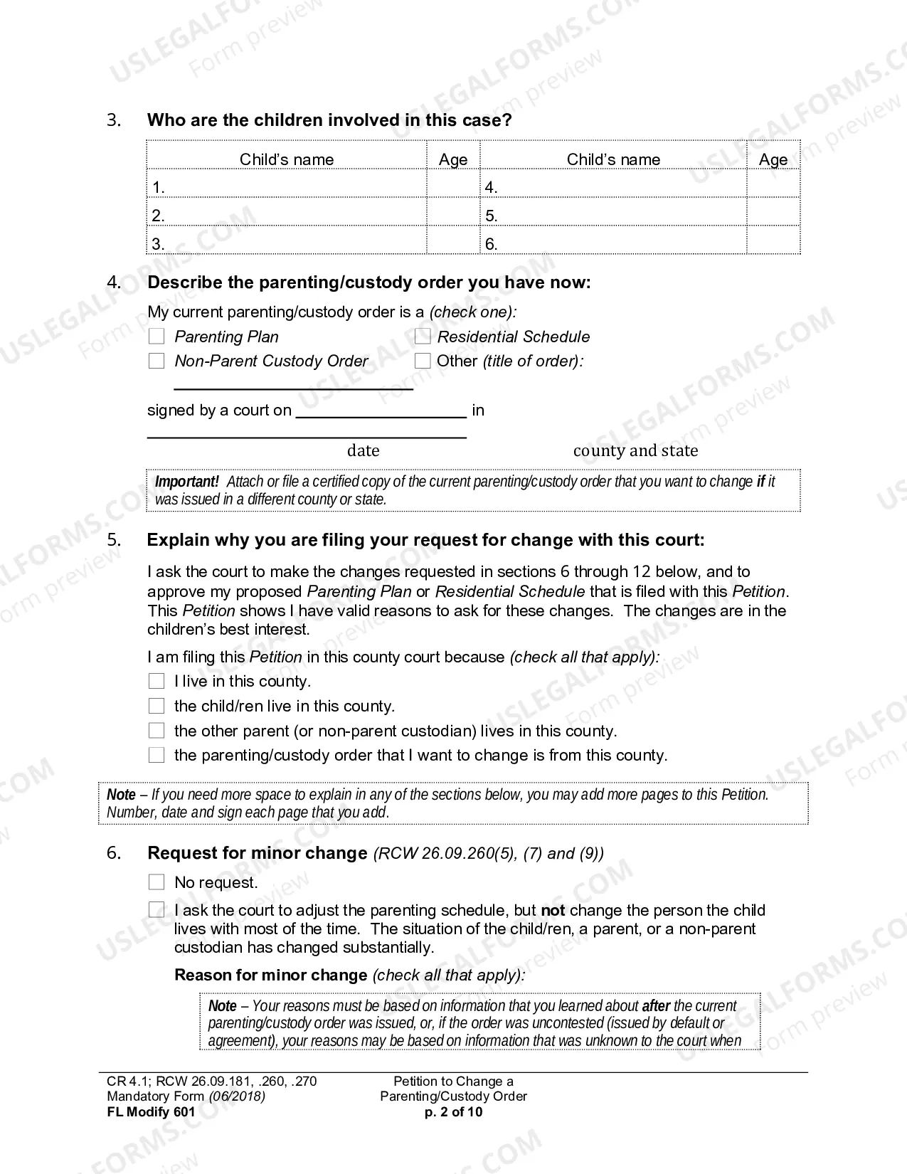 Preview Petition To Change A Parenting Plan, Residential Schedule Or Custody Order