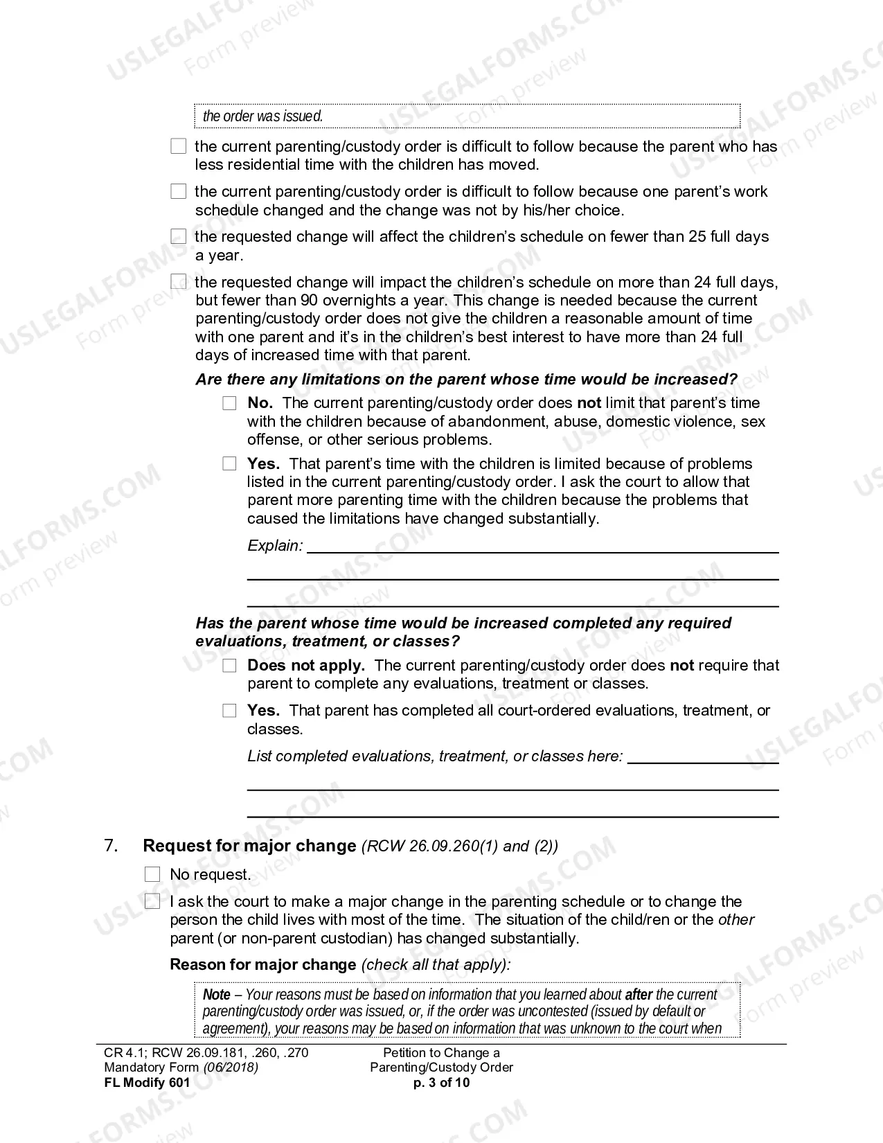 Preview Petition To Change A Parenting Plan, Residential Schedule Or Custody Order