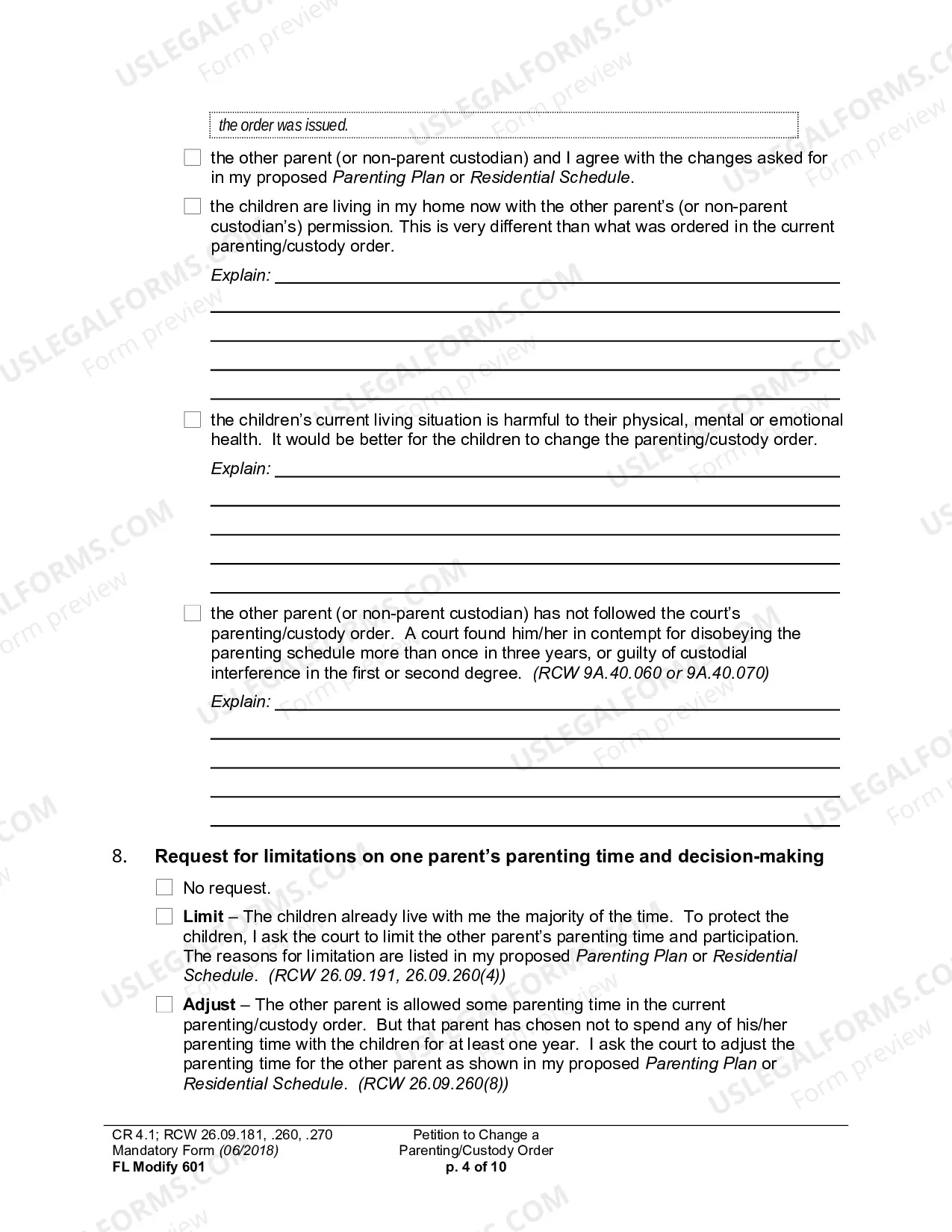 Preview Petition To Change A Parenting Plan, Residential Schedule Or Custody Order