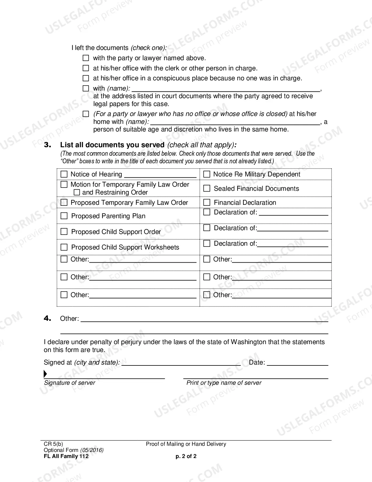 Preview Proof of Mailing or Hand Delivery (for documents after Summons and Petition)