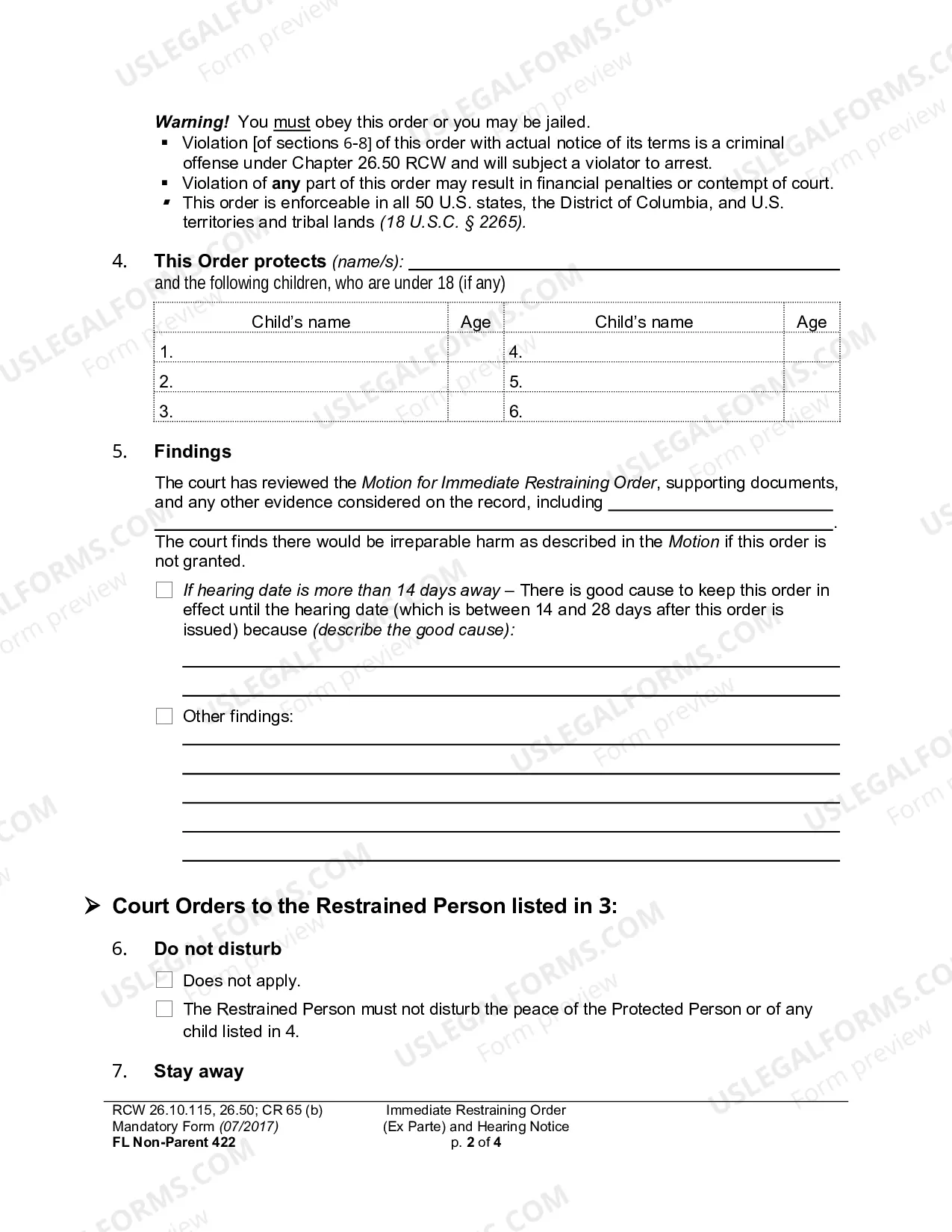 Preview Immediate Restraining Order And Hearing Notice