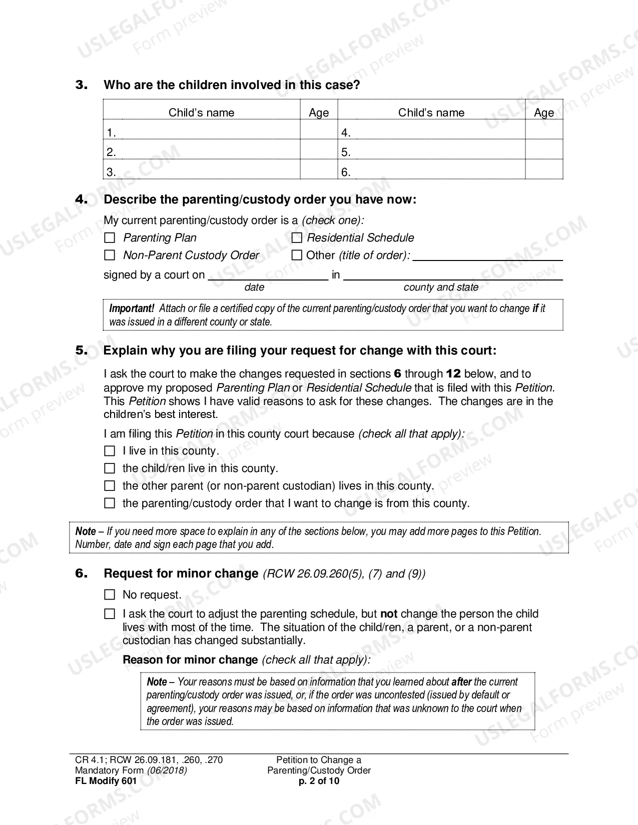 Preview Petition to Change a Parenting Plan, Residential Schedule or Custody Order
