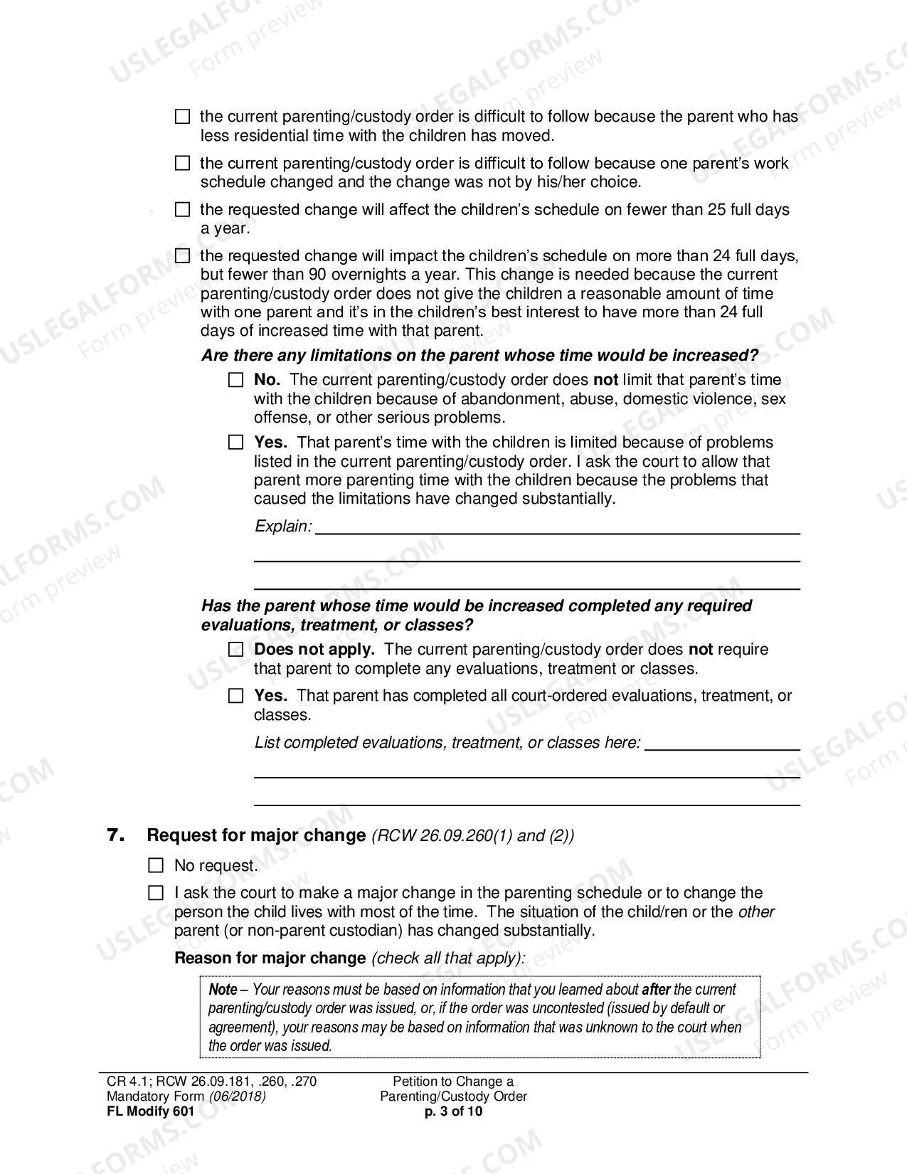 Preview Petition to Change a Parenting Plan, Residential Schedule or Custody Order