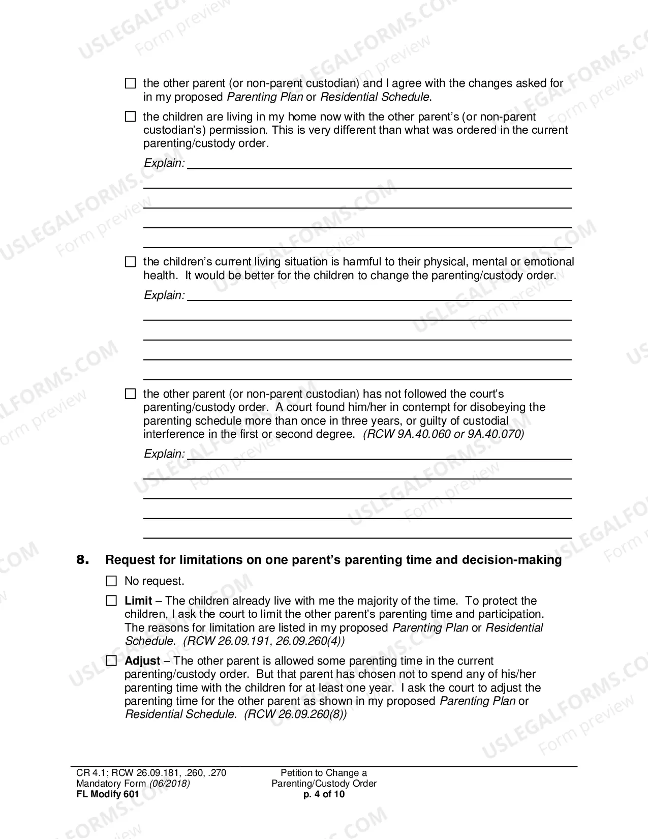 Preview Petition to Change a Parenting Plan, Residential Schedule or Custody Order