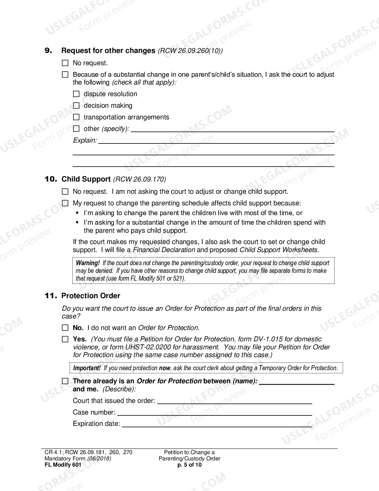 Preview Petition to Change a Parenting Plan, Residential Schedule or Custody Order
