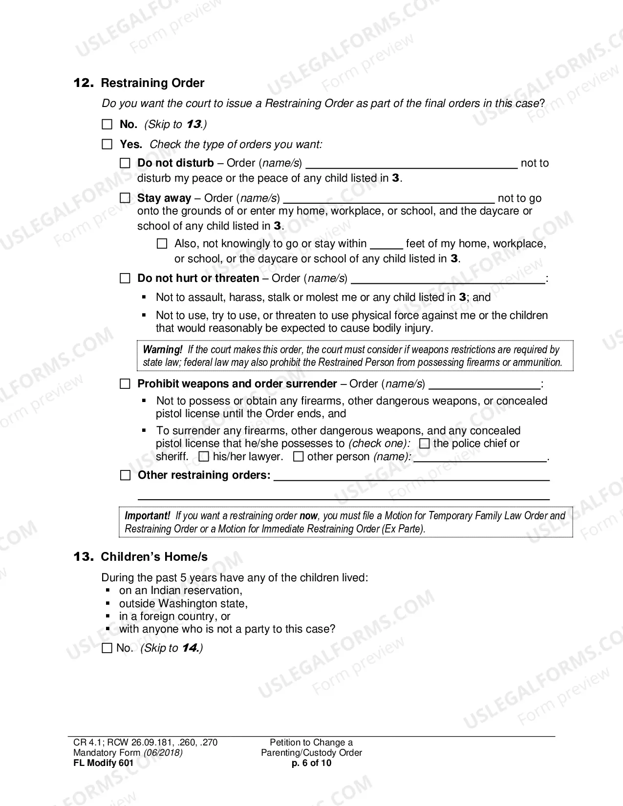 Preview Petition to Change a Parenting Plan, Residential Schedule or Custody Order