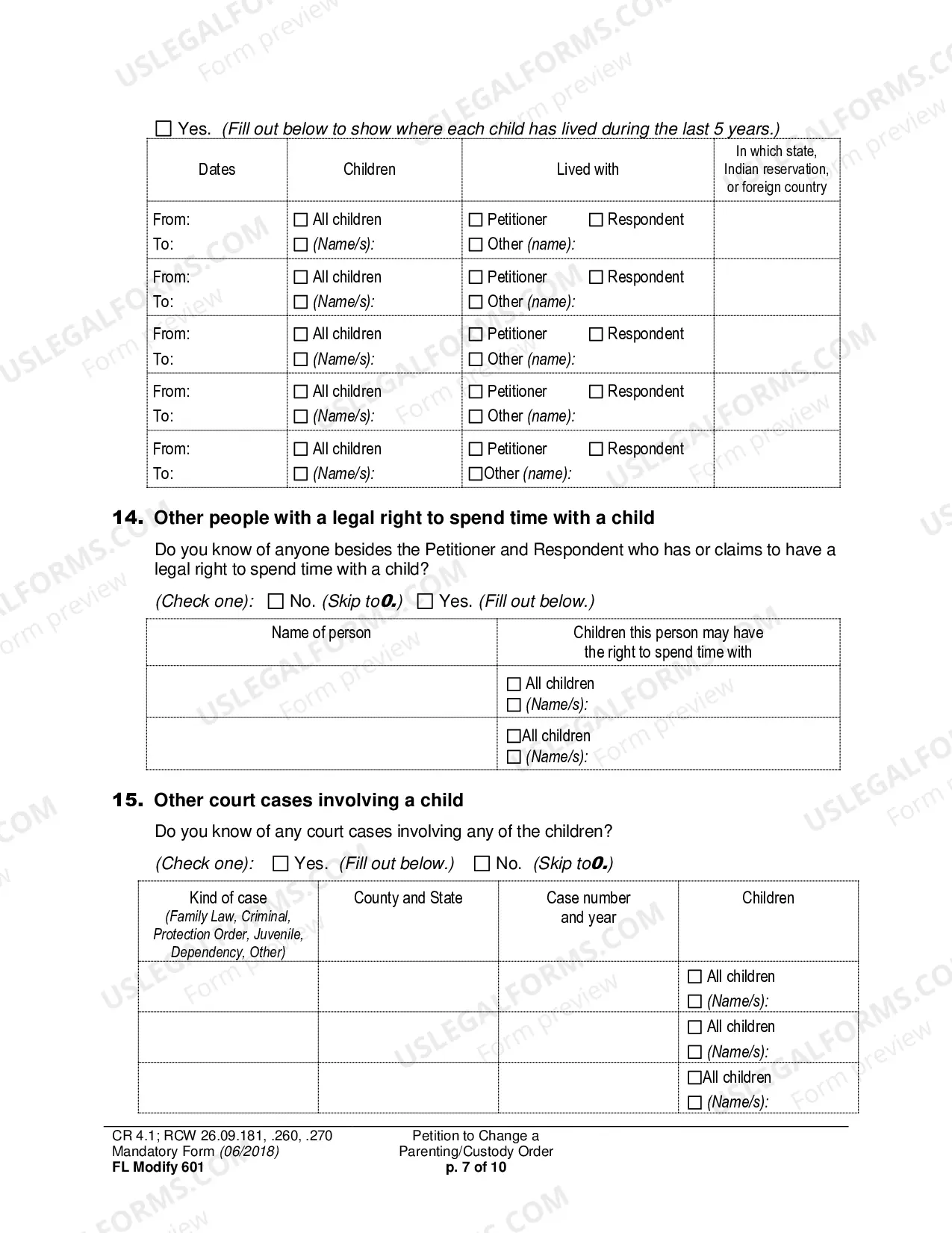 Preview Petition to Change a Parenting Plan, Residential Schedule or Custody Order