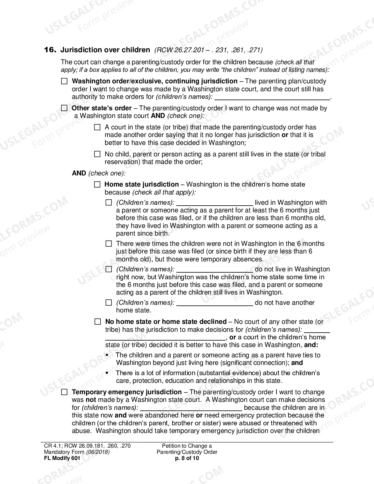 Preview Petition to Change a Parenting Plan, Residential Schedule or Custody Order