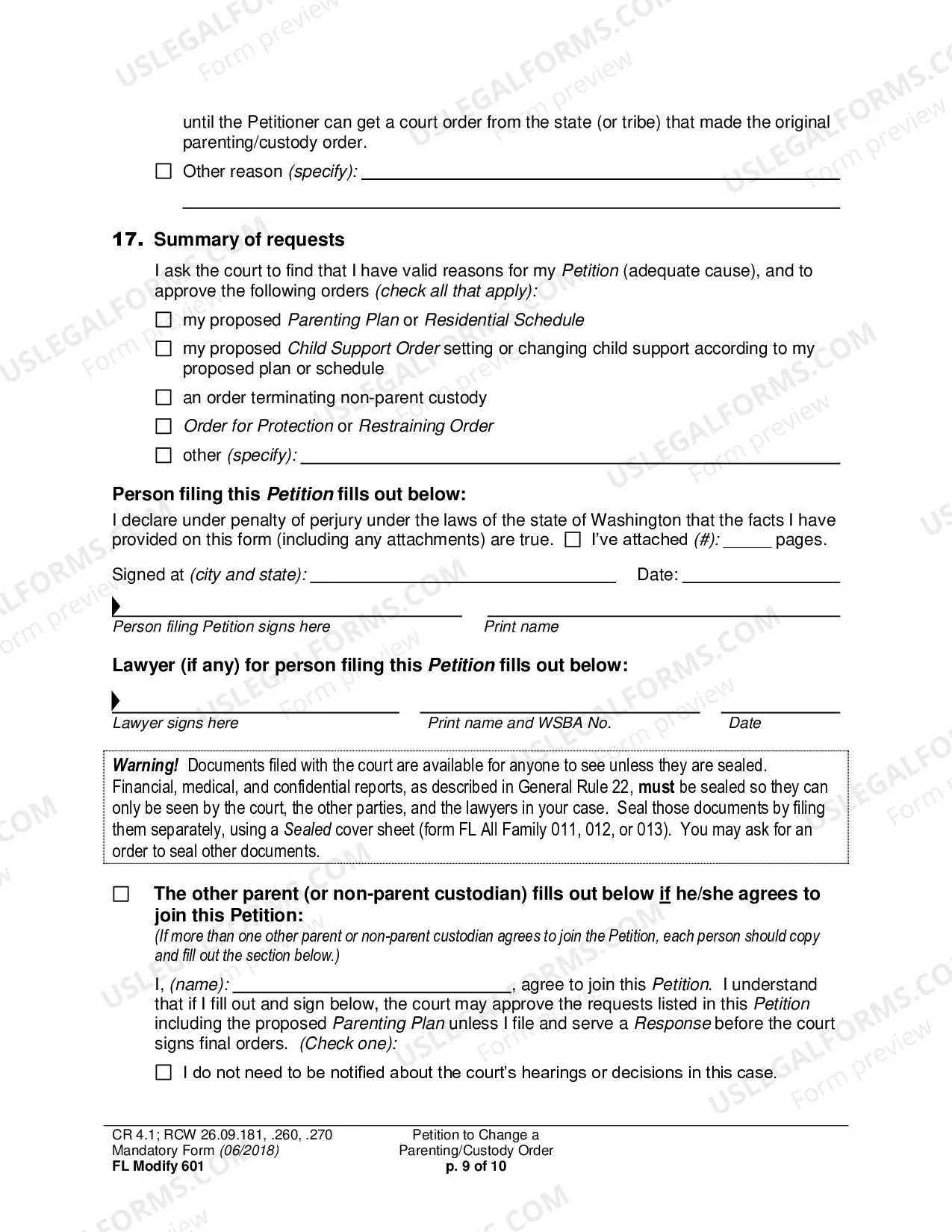 Preview Petition to Change a Parenting Plan, Residential Schedule or Custody Order