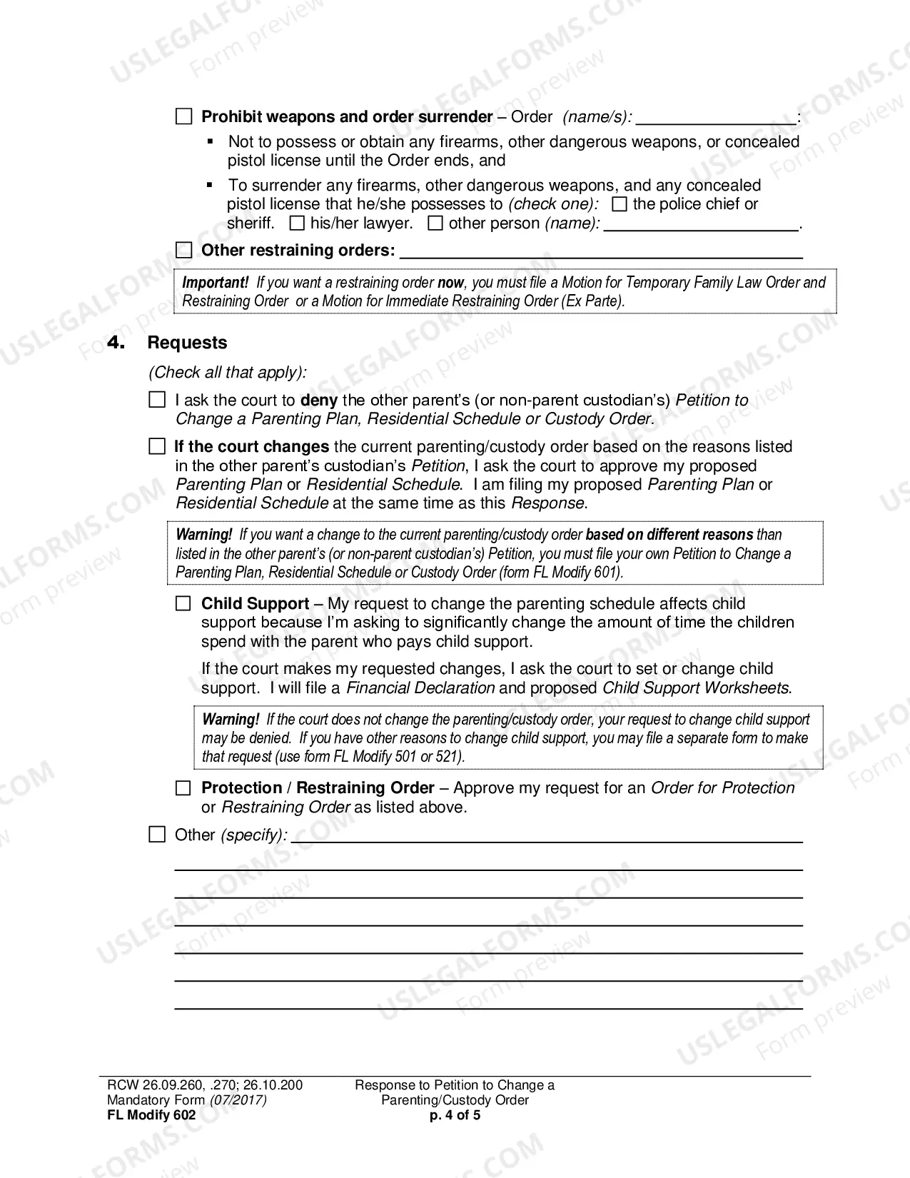 Preview Response to Petition to Change a Parenting Plan, Residential Schedule or Custody Order