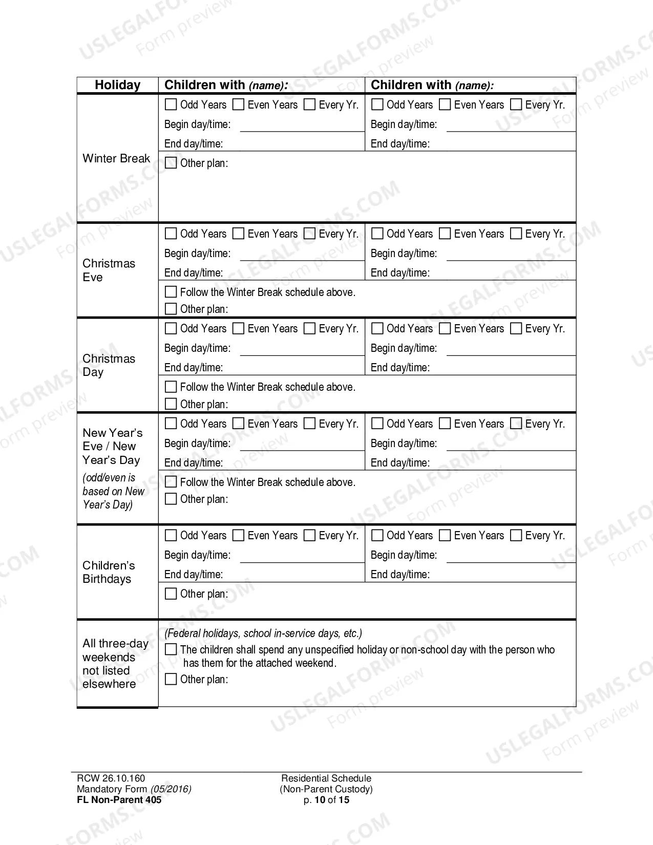 Preview Residential Schedule (Non-Parent Custody)