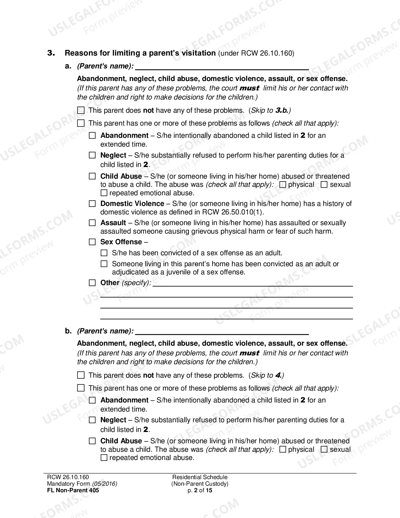 Preview Residential Schedule (Non-Parent Custody)