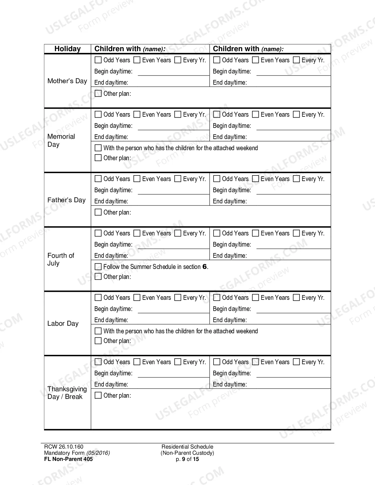 Preview Residential Schedule (Non-Parent Custody)