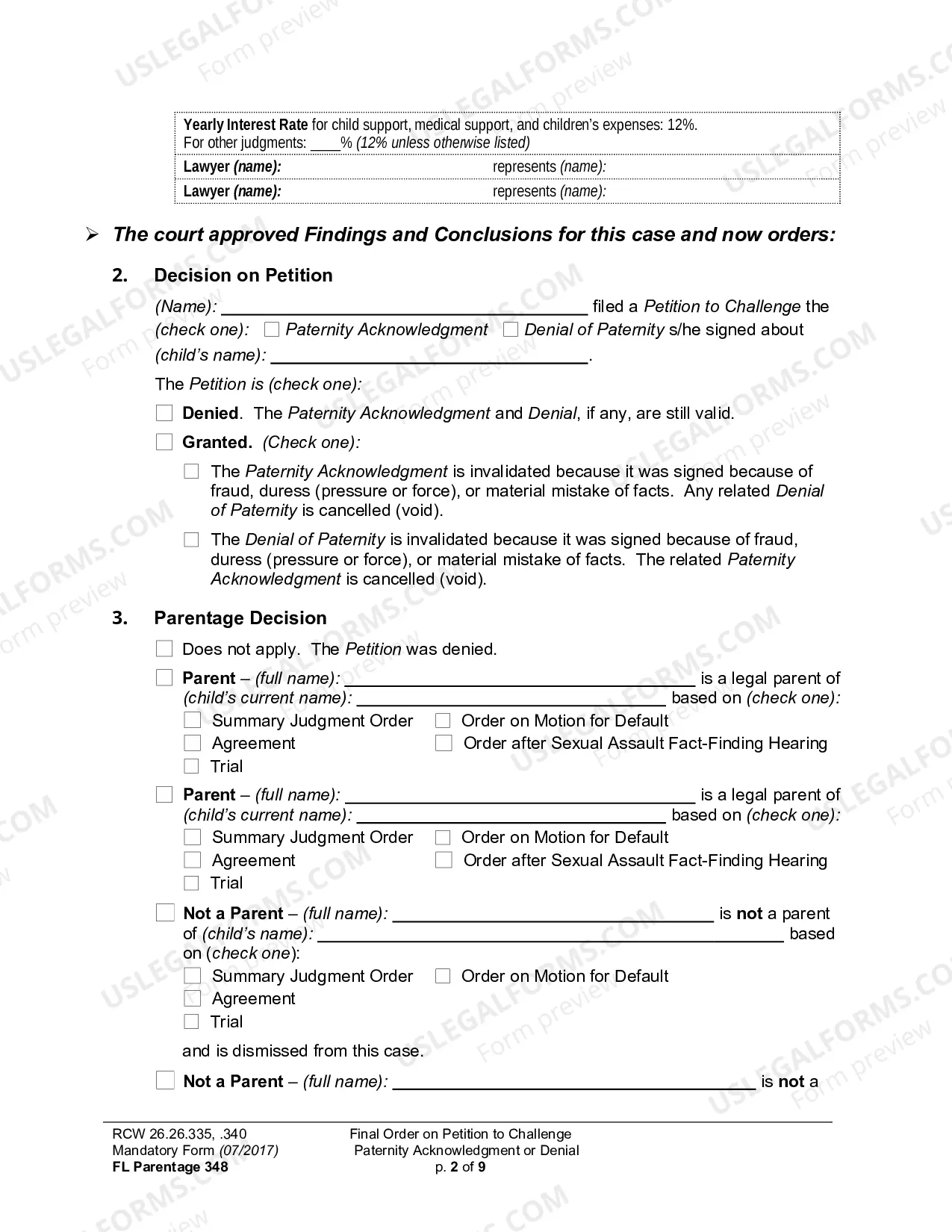 Preview Final Order On Petition To Challenge Paternity Acknowledgment Or Denial