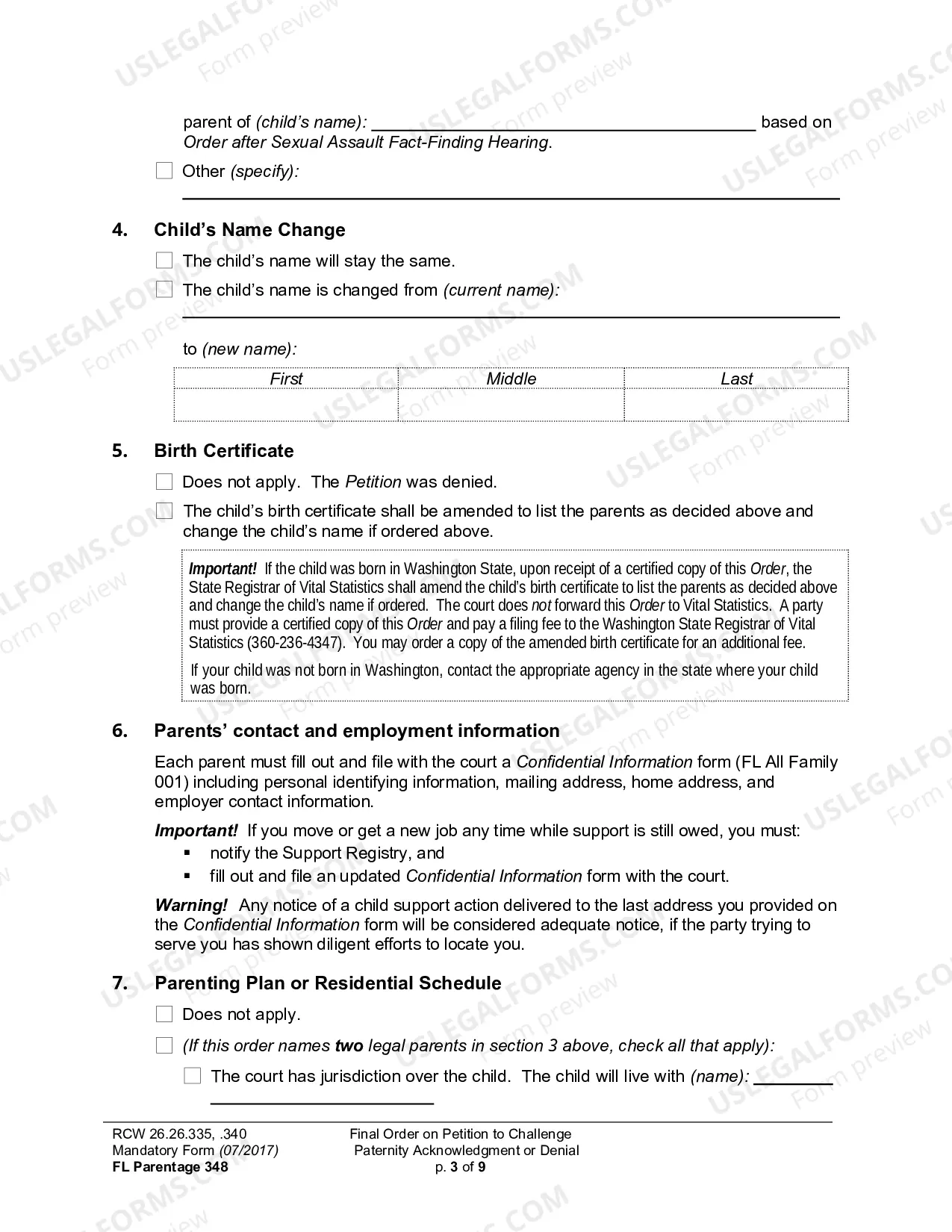 Preview Final Order On Petition To Challenge Paternity Acknowledgment Or Denial