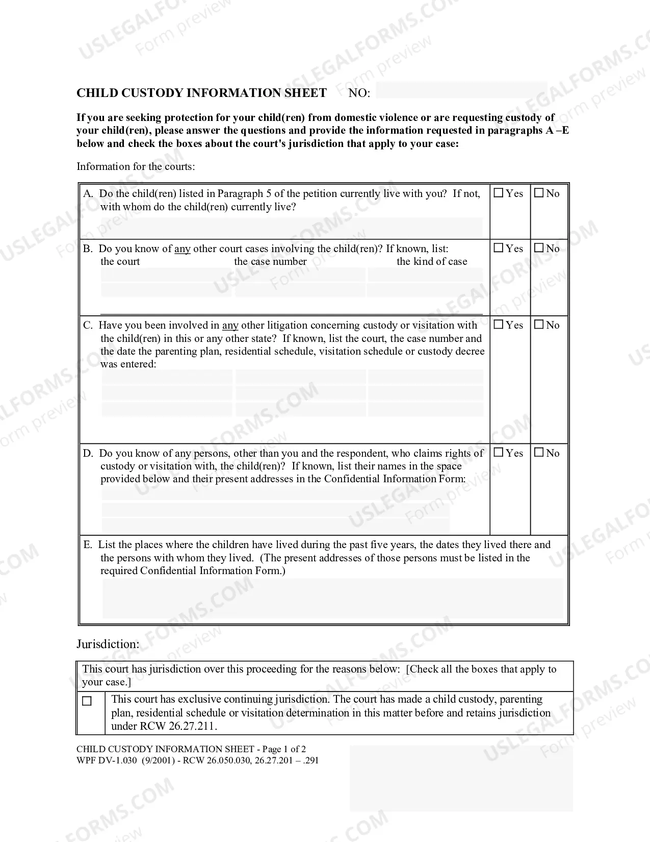 Preview Child Custody Information Sheet
