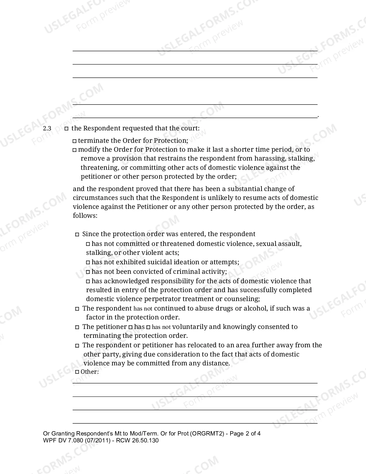 Preview Order Granting Respondent's Motion to Modify/Terminate Order for Protection Effective More Than Two Years (ORGRMT2)