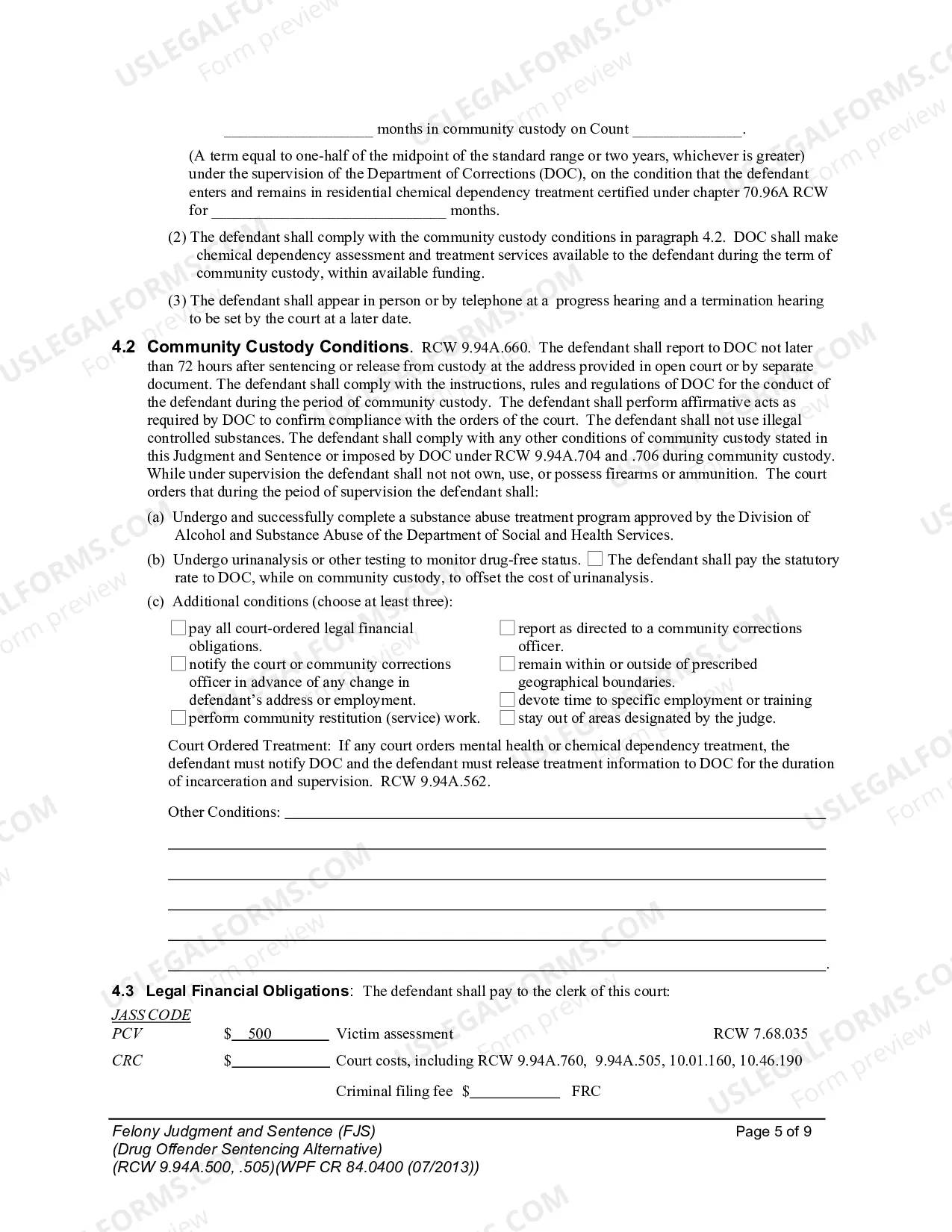 Preview Felony Judgment and Sentence - Drug Offender Sentencing Alternative