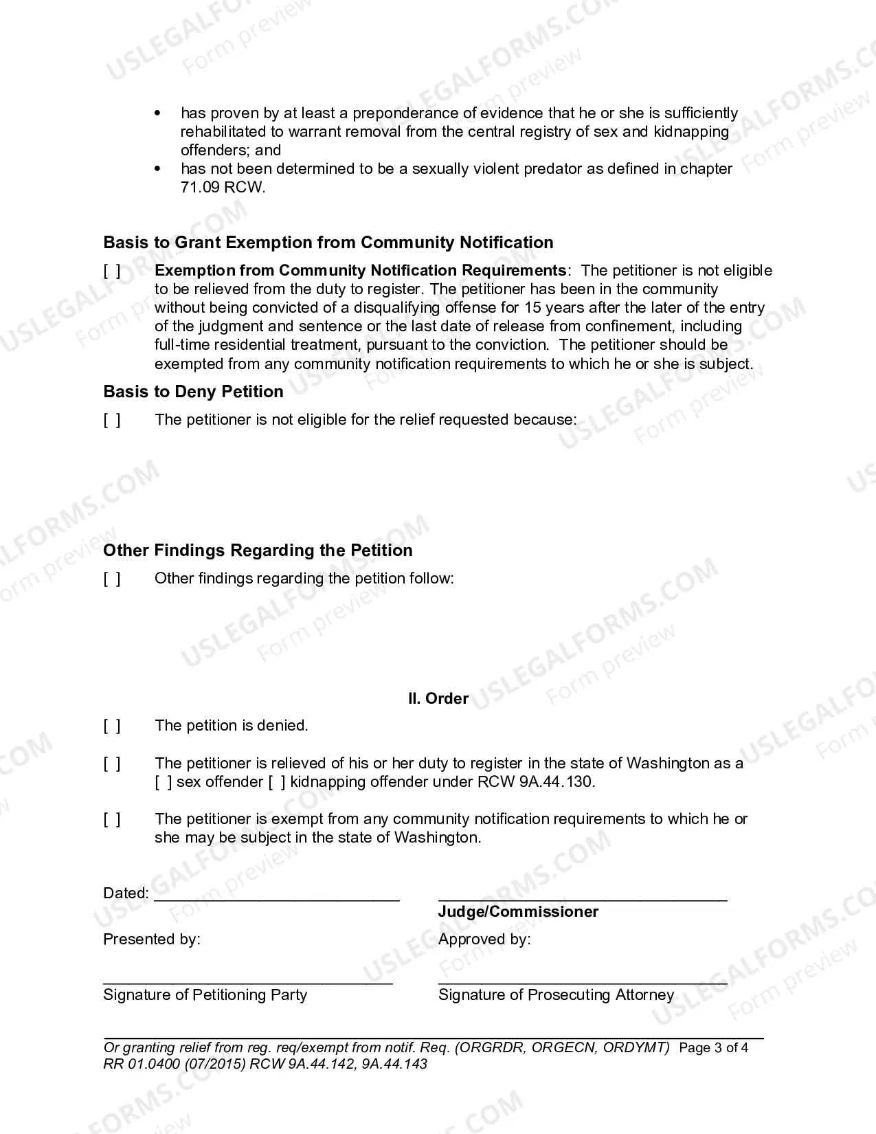 Preview Order Granting [ ] Relief from the Duty to Register [ ] Exemption from Community Notification (ORGRDR, ORGECN, ORDYMT)