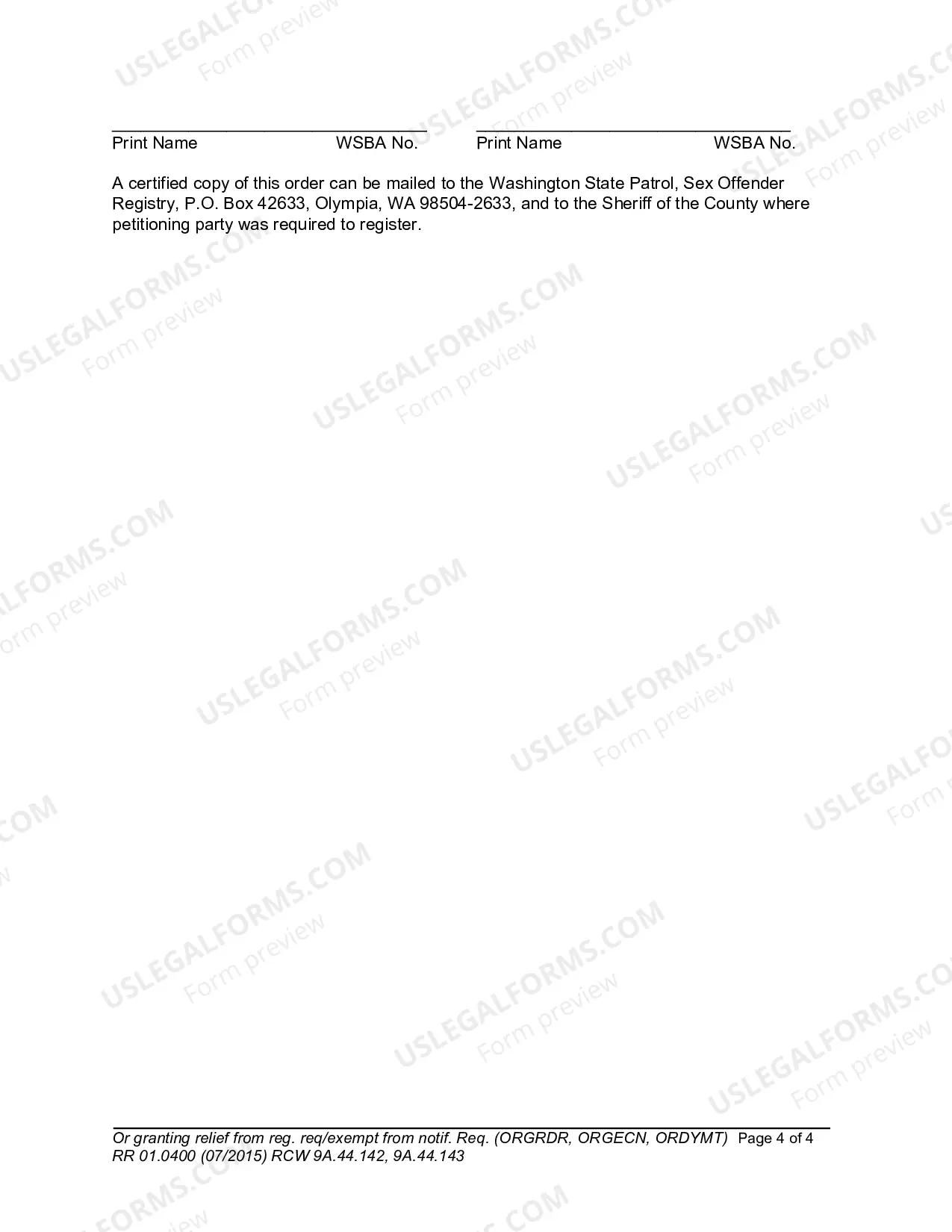 Preview Order Granting [ ] Relief from the Duty to Register [ ] Exemption from Community Notification (ORGRDR, ORGECN, ORDYMT)