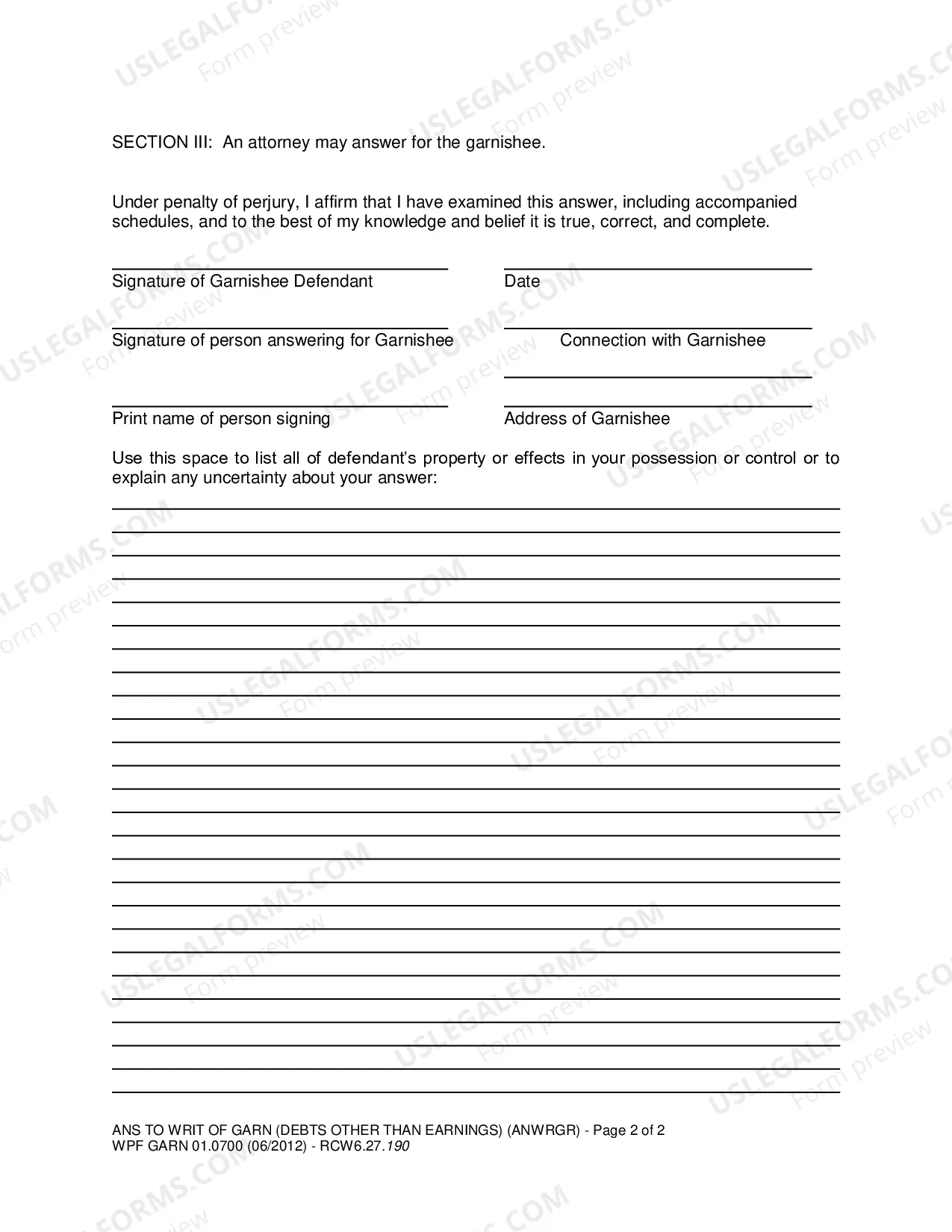 Preview Answer To Writ of Garnishment (Debts Other Than Earnings)