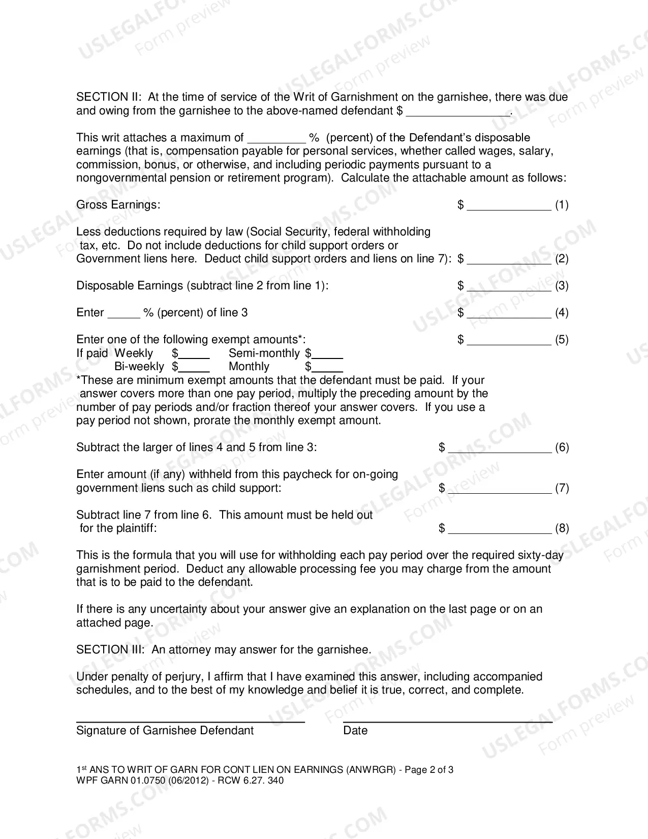 Preview First Answer To Writ of Garnishment For Coninuing Lien On Earnings